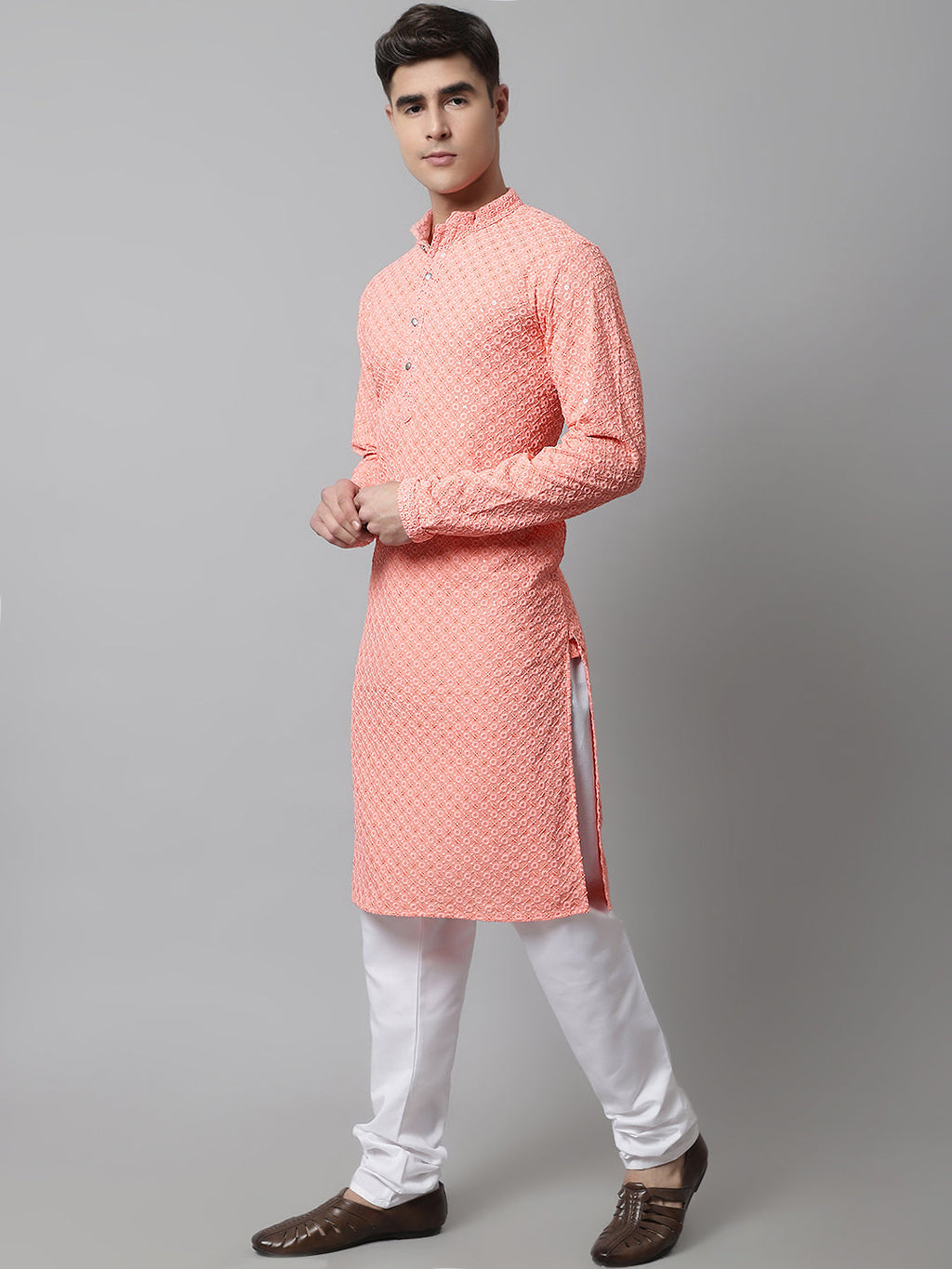 Jompers Men's Peach Chikankari Embroidered and Sequence Kurta with Churidar