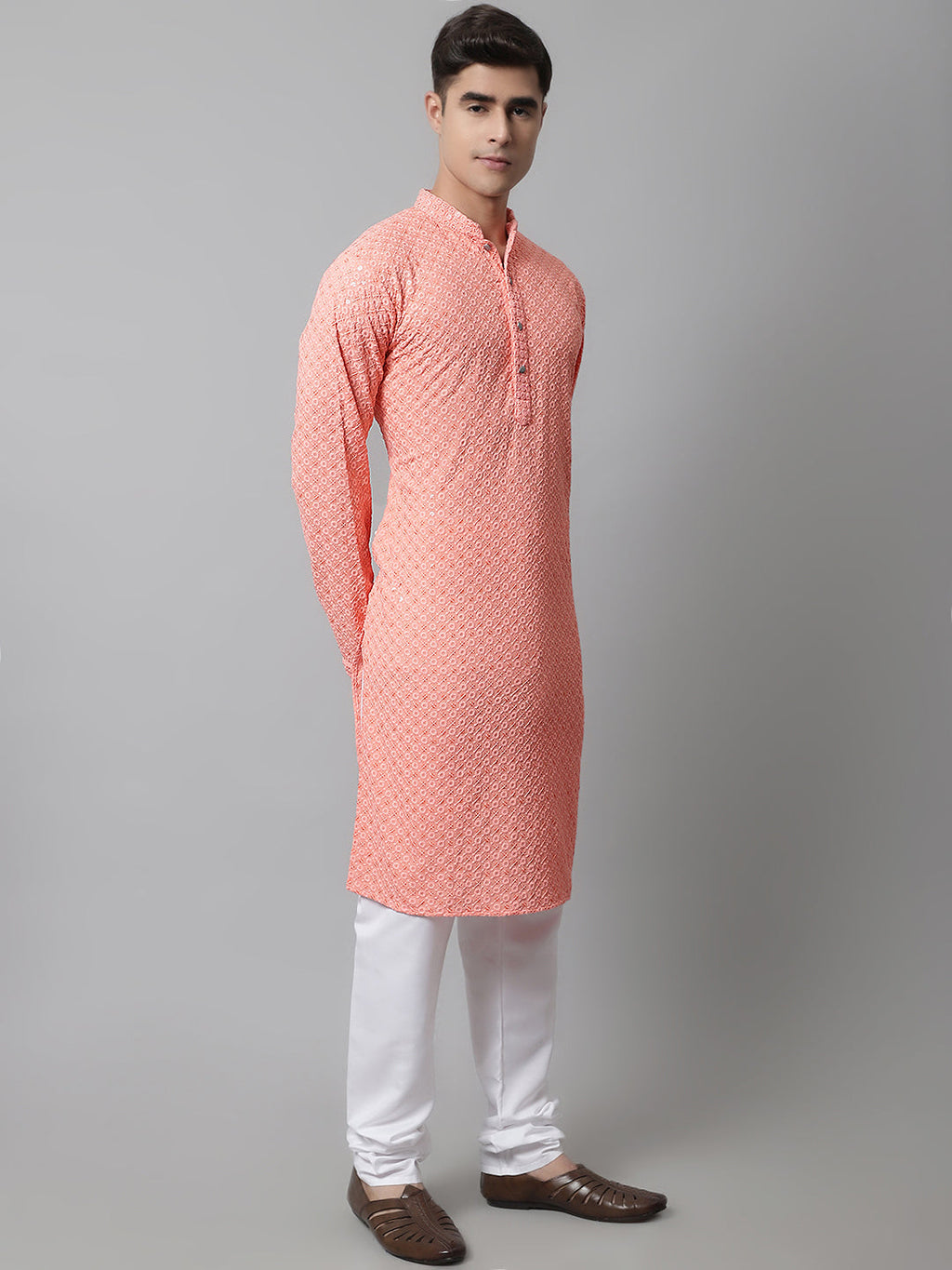 Jompers Men's Peach Chikankari Embroidered and Sequence Kurta with Churidar