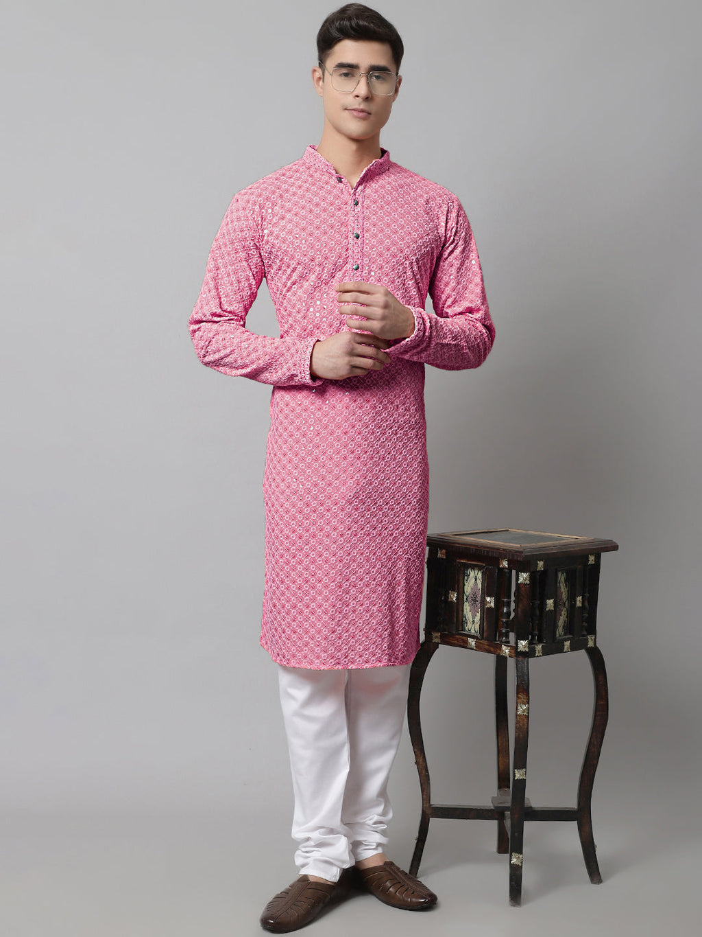 Jompers Men's Pink Chikankari Embroidered and Sequence Kurta with Churidar