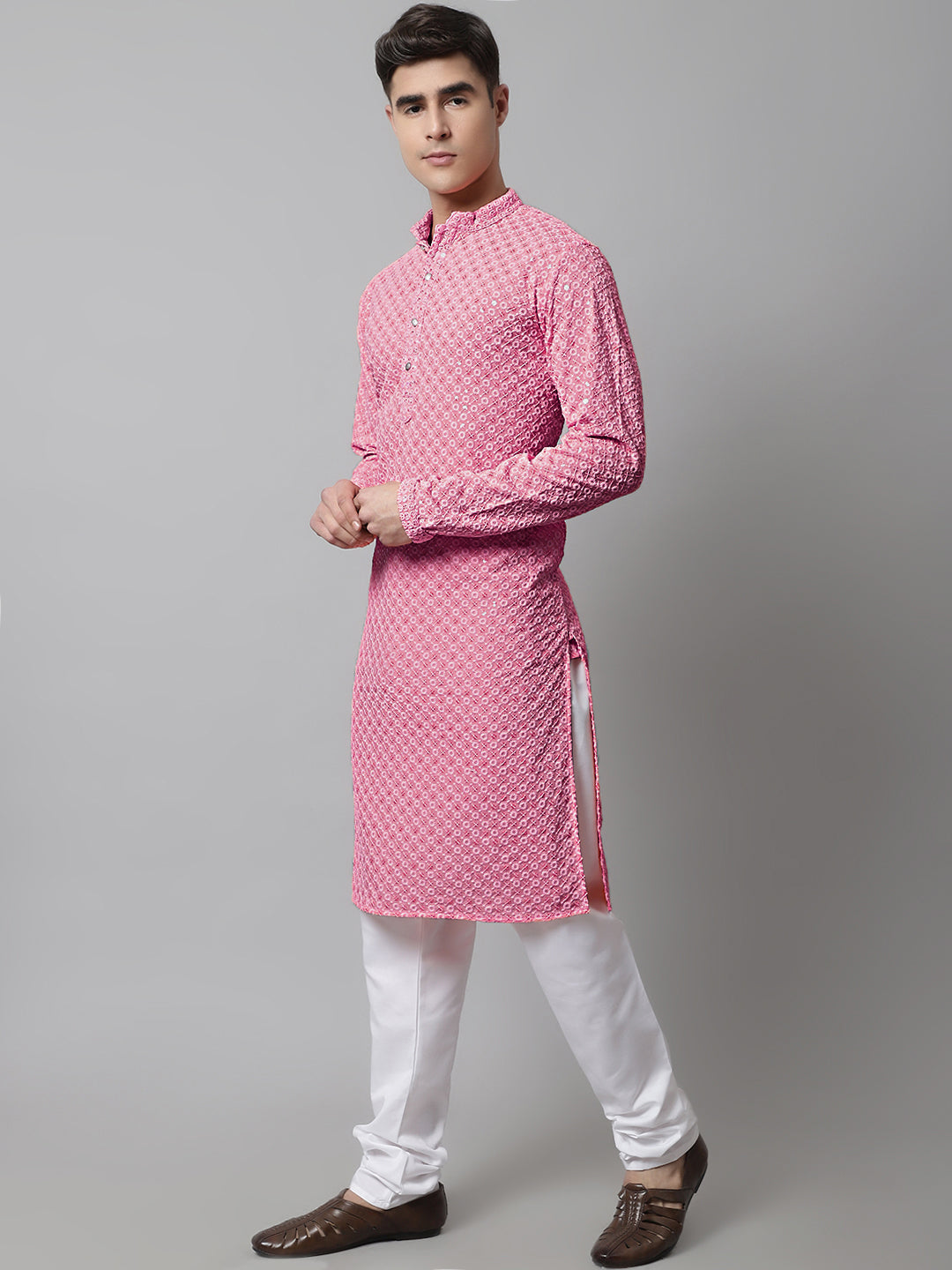 Jompers Men's Pink Chikankari Embroidered and Sequence Kurta with Churidar