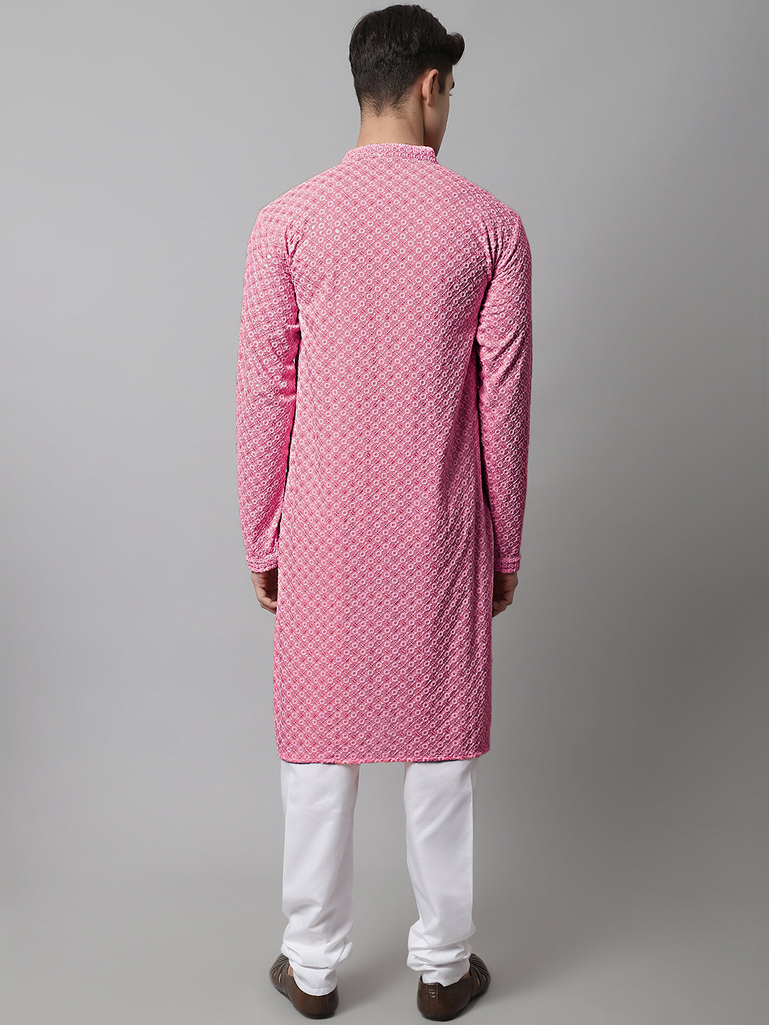 Jompers Men's Pink Chikankari Embroidered and Sequence Kurta with Churidar