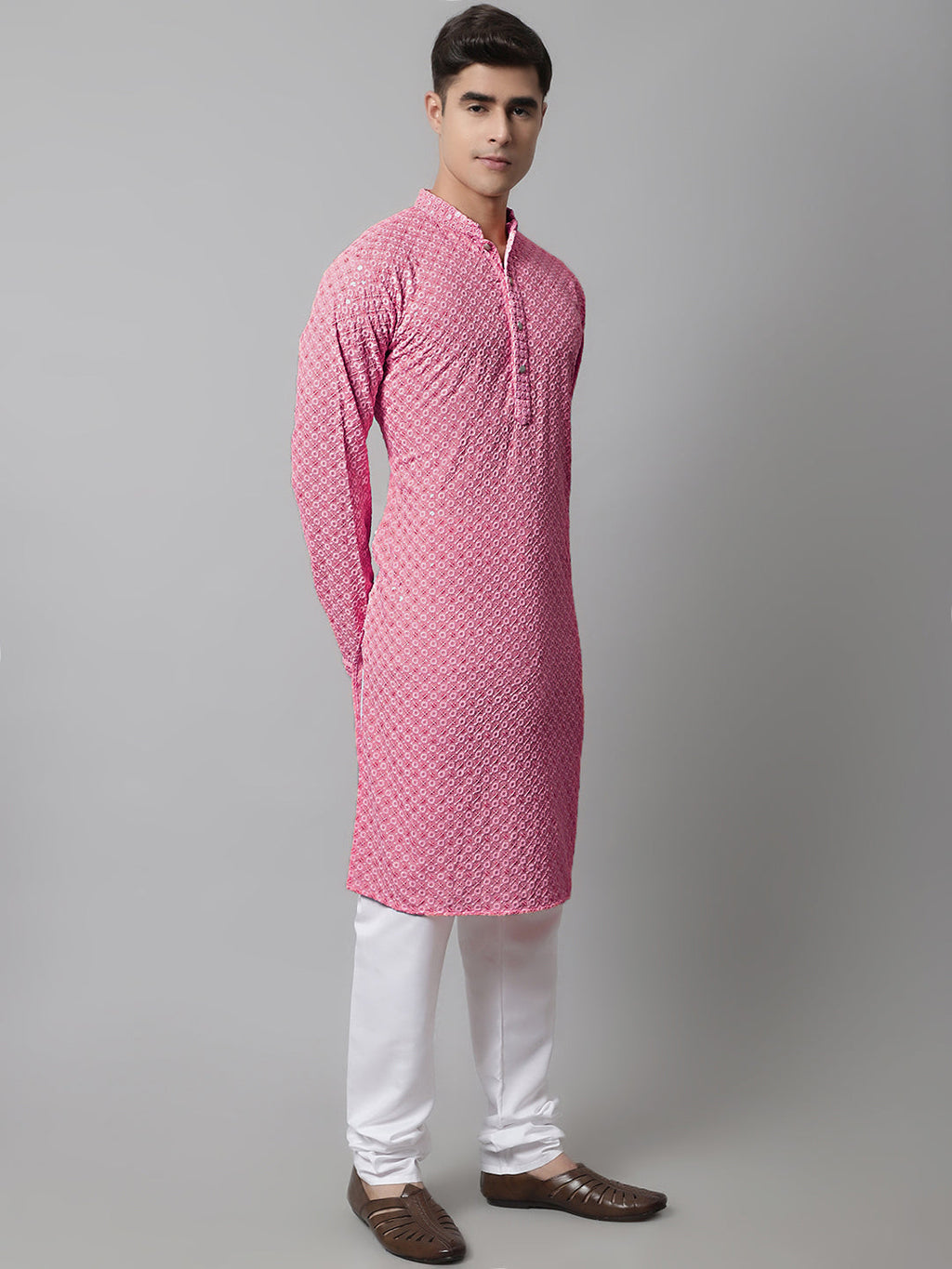 Jompers Men's Pink Chikankari Embroidered and Sequence Kurta with Churidar