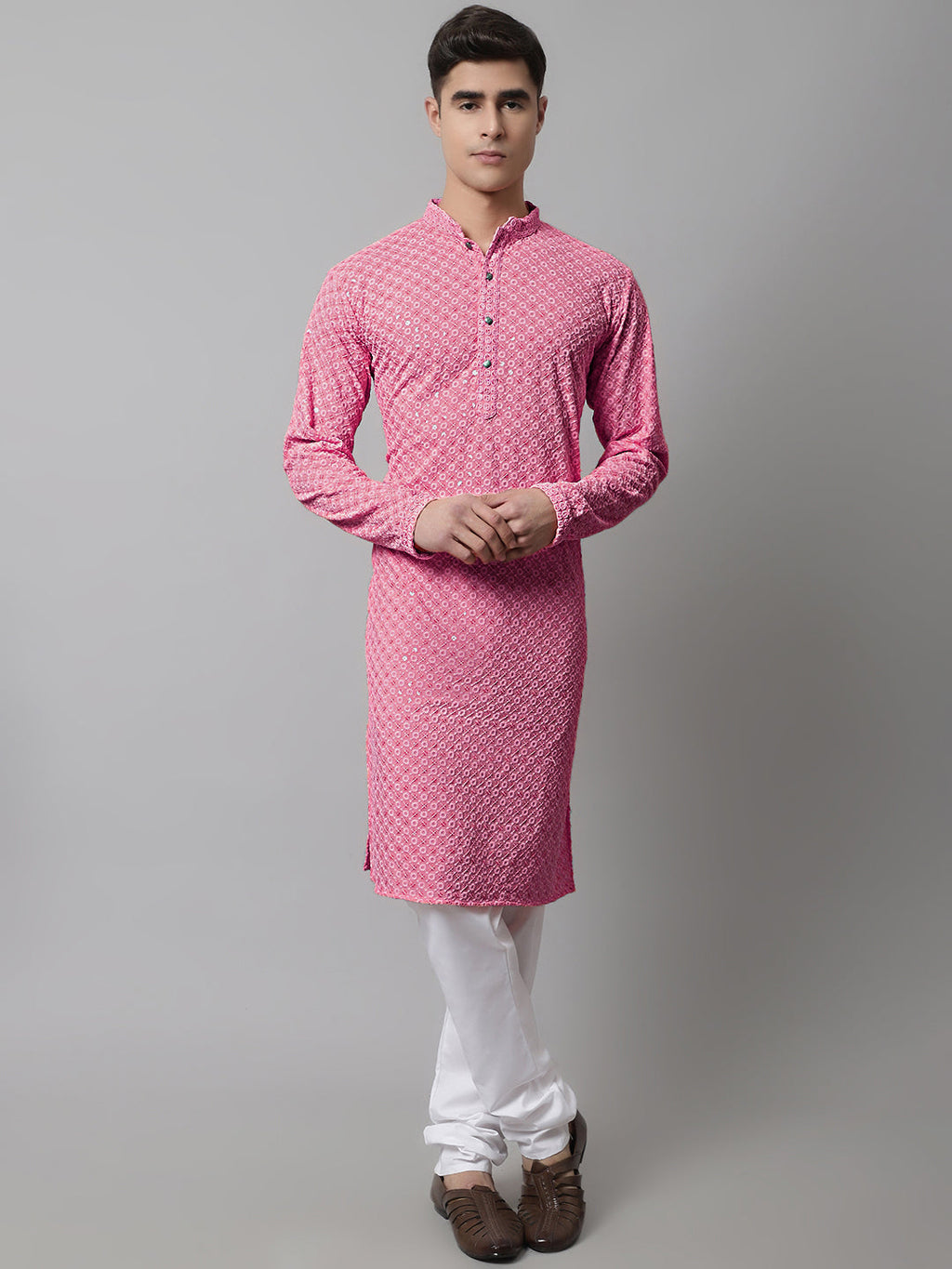 Jompers Men's Pink Chikankari Embroidered and Sequence Kurta with Churidar