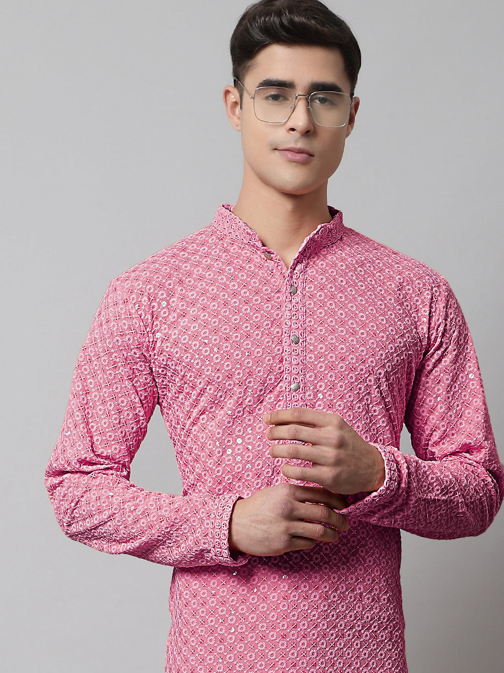 Jompers Men's Pink Chikankari Embroidered and Sequence Kurta with Churidar