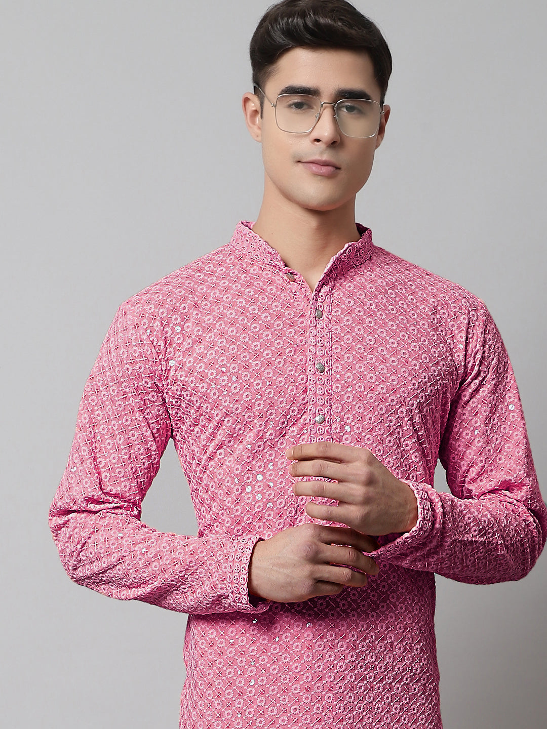 Jompers Men's Pink Chikankari Embroidered and Sequence Kurta with Churidar