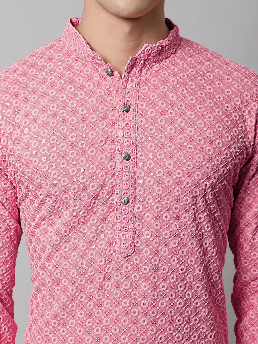 Jompers Men's Pink Chikankari Embroidered and Sequence Kurta with Churidar
