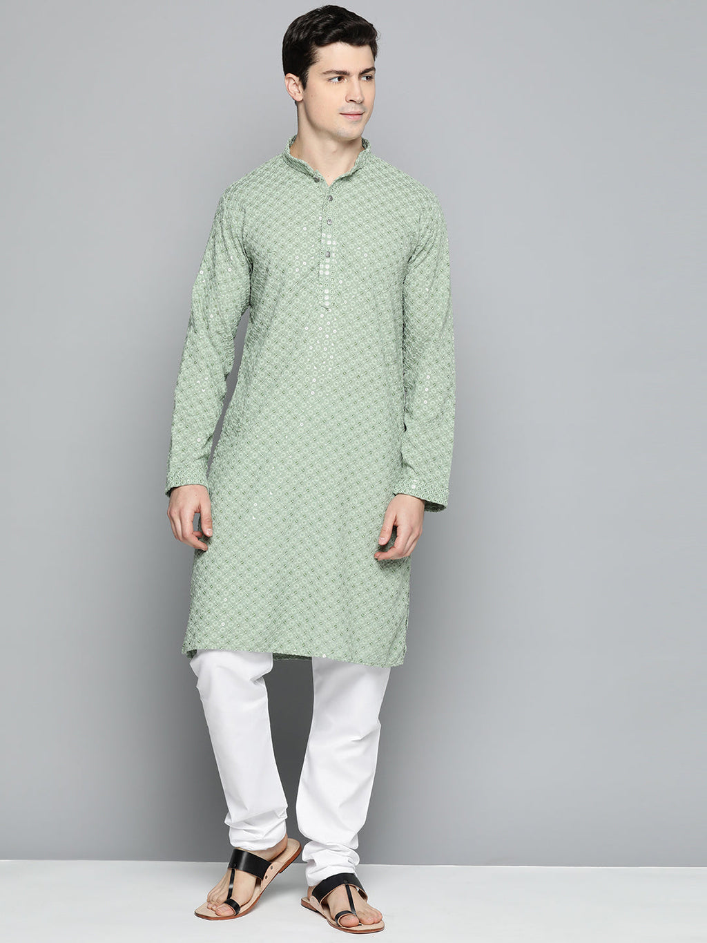 Jompers Men's Pista Green Chikankari Embroidered and Sequence Kurta with Churidar