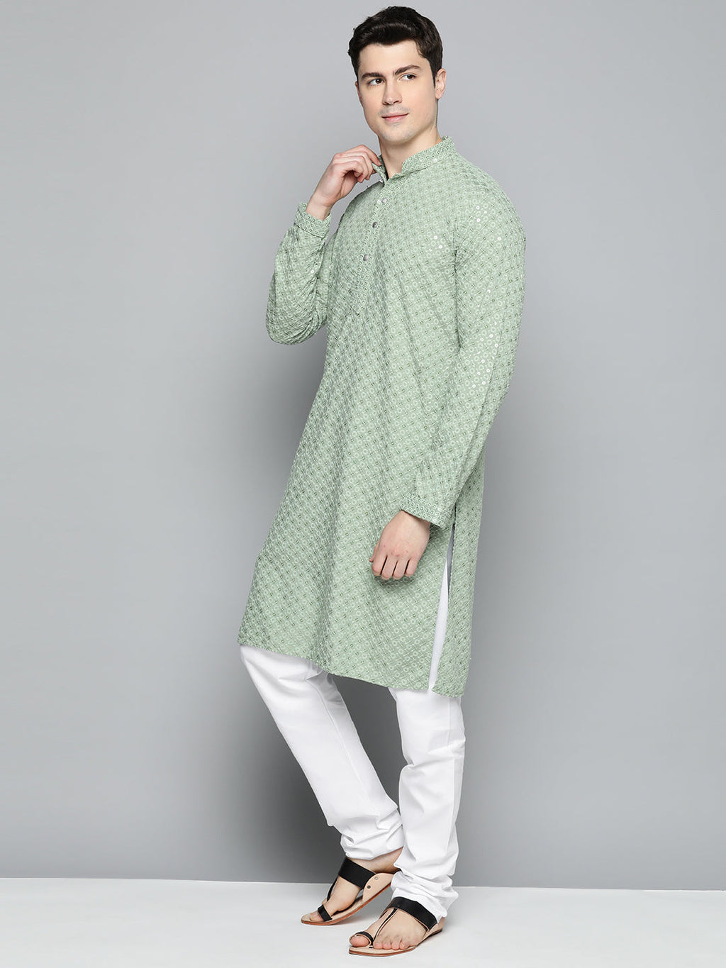 Jompers Men's Pista Green Chikankari Embroidered and Sequence Kurta with Churidar