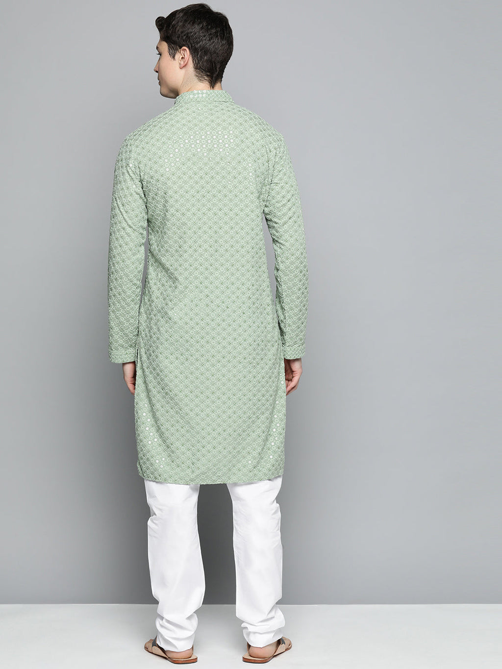 Jompers Men's Pista Green Chikankari Embroidered and Sequence Kurta with Churidar
