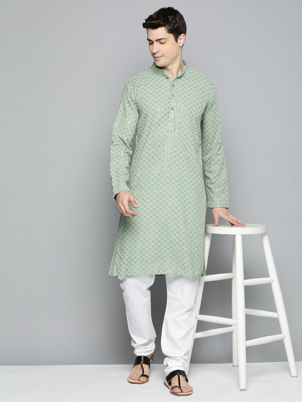 Jompers Men's Pista Green Chikankari Embroidered and Sequence Kurta with Churidar