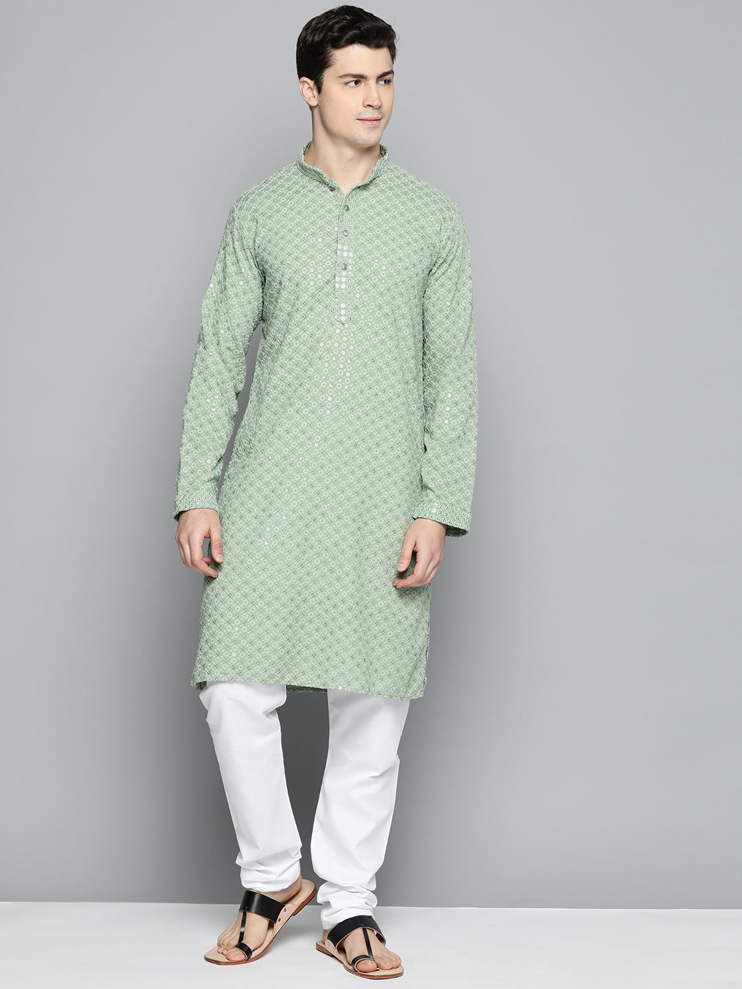 Jompers Men's Green Chikankari Embroidered and Sequence Kurta with Churidar
