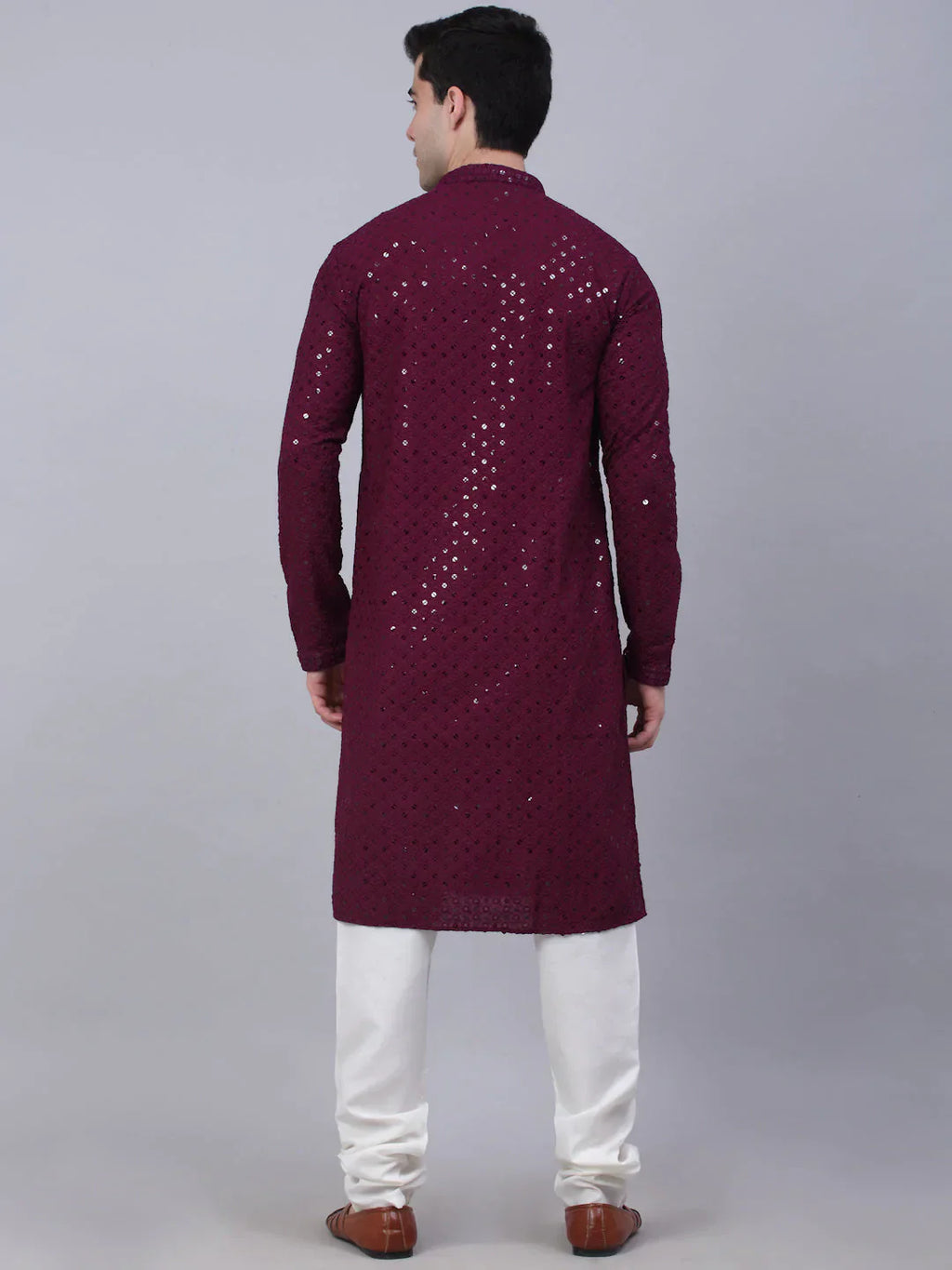 Jompers Men's Purple Chikankari Embroidered and Sequence Kurta with Churidar