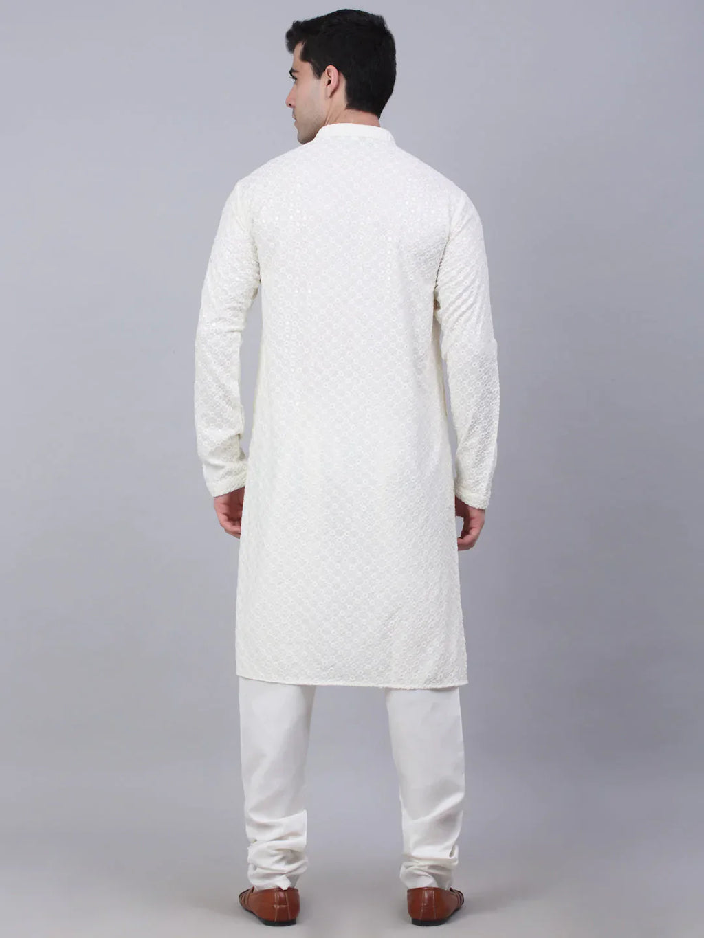Jompers Men's White Chikankari Embroidered and Sequence Kurta with Churidar