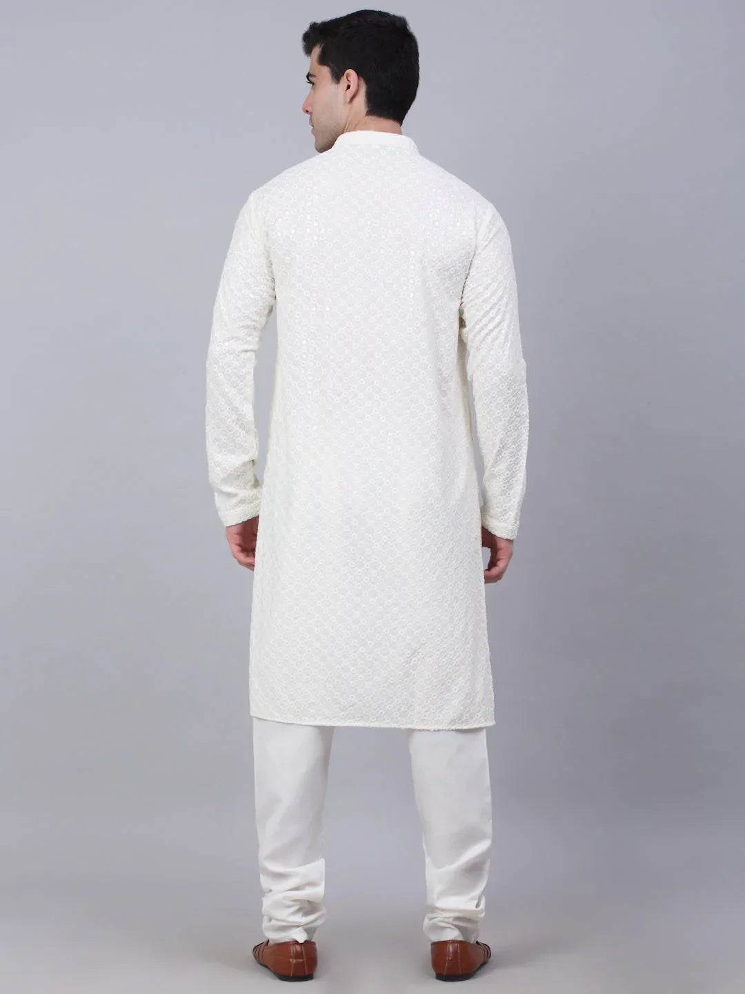 Jompers Men's White Chikankari Embroidered and Sequence Kurta with Churidar