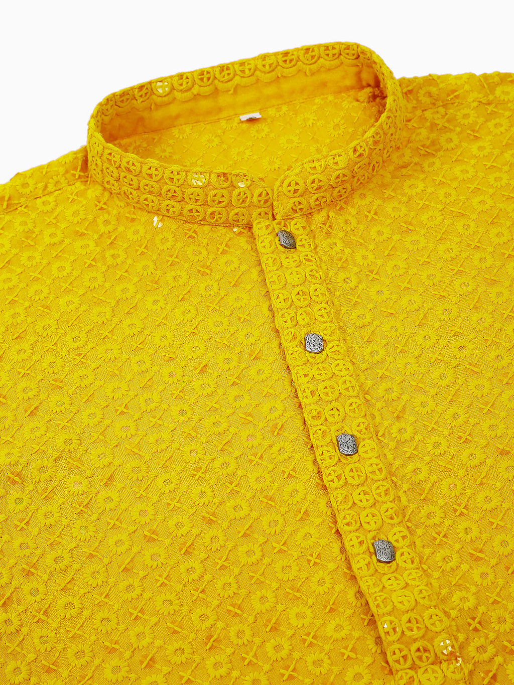 Jompers Men's Yellow Chikankari Embroidered and Sequence Kurta with Churidar