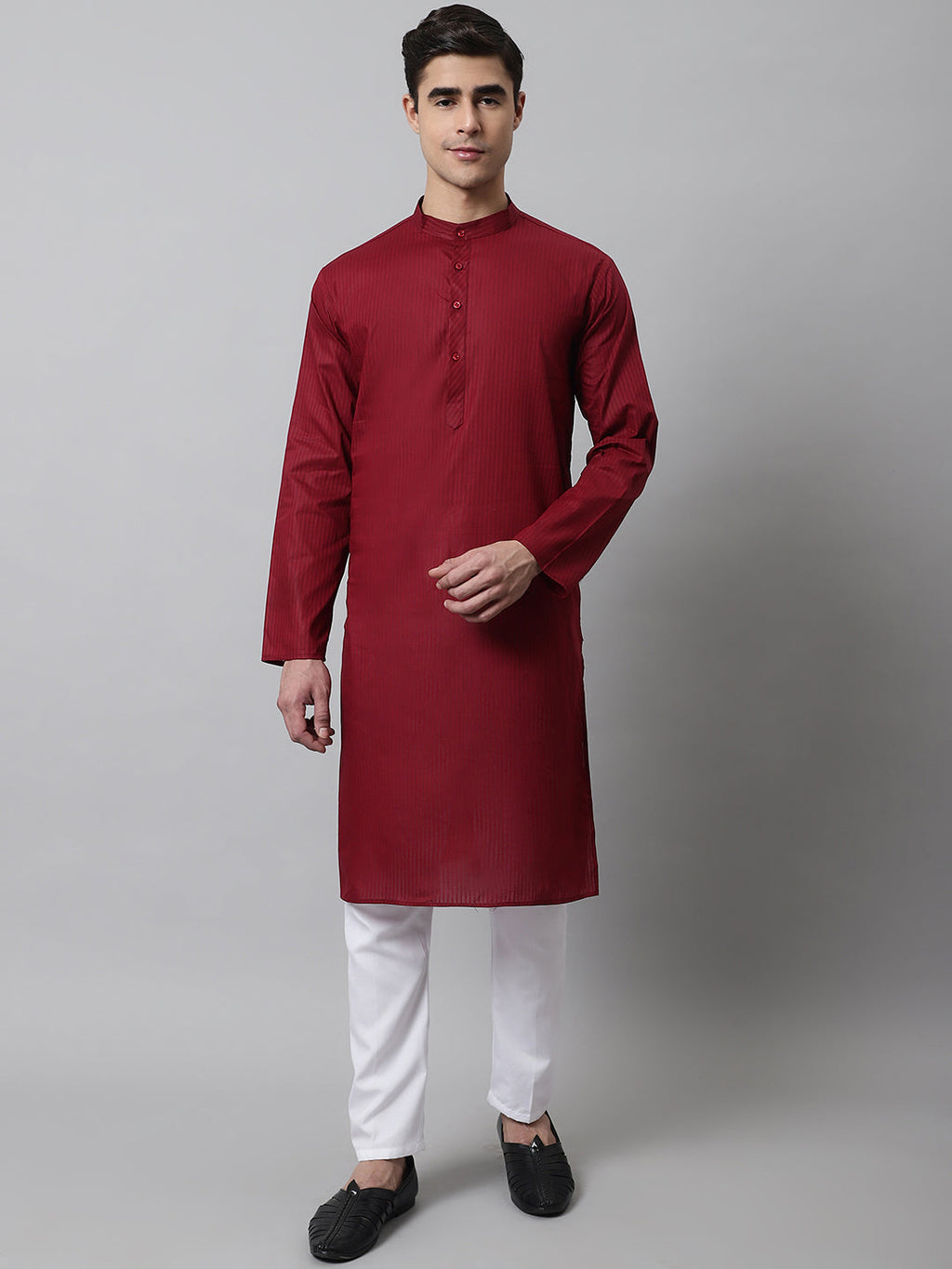 Jompers Men's Maroon Cotton Striped Kurta Payjama Sets