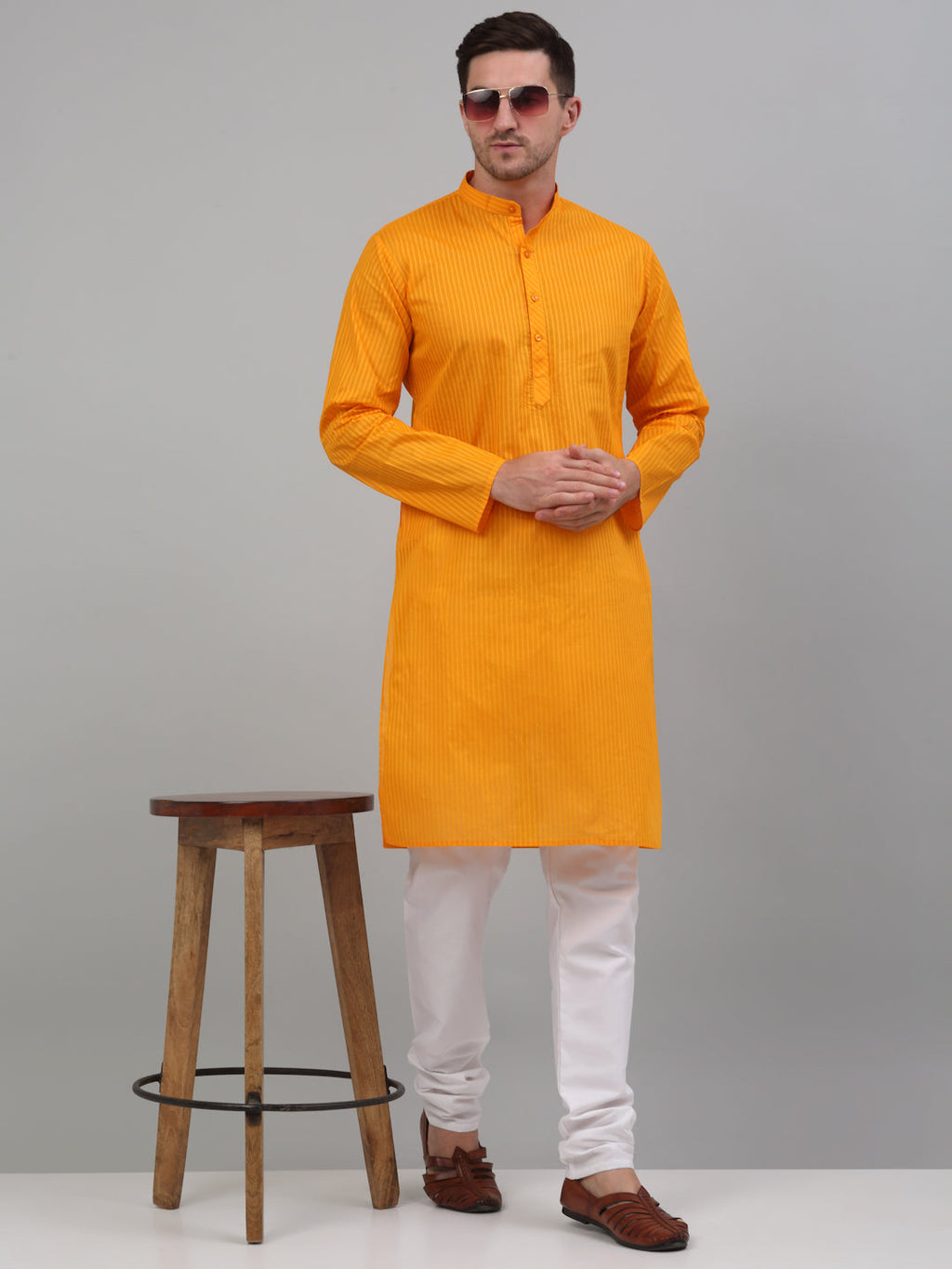 Jompers Men's Mustard Cotton Striped Kurta Payjama Sets