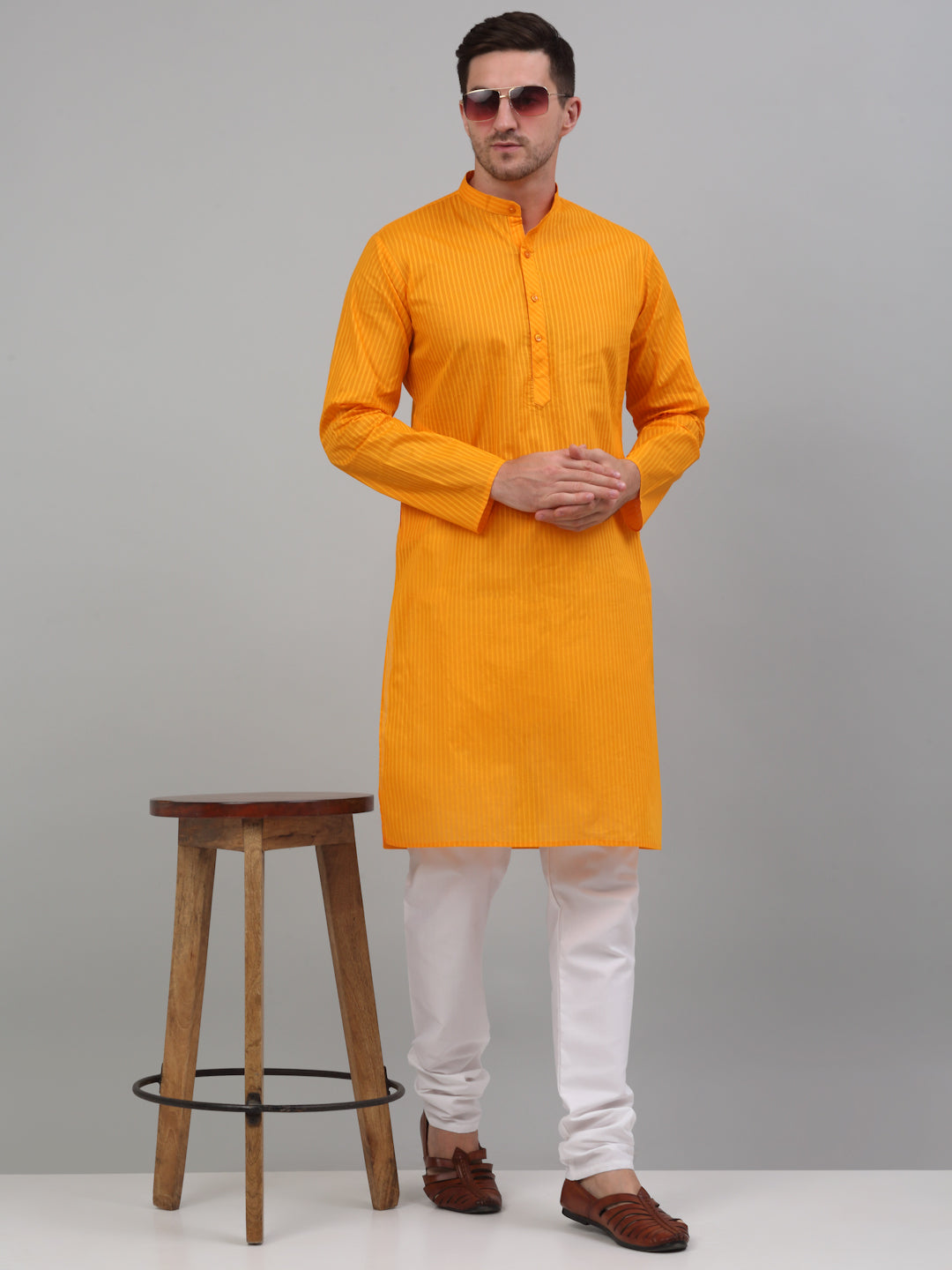 Jompers Men's Mustard Cotton Striped Kurta Payjama Sets
