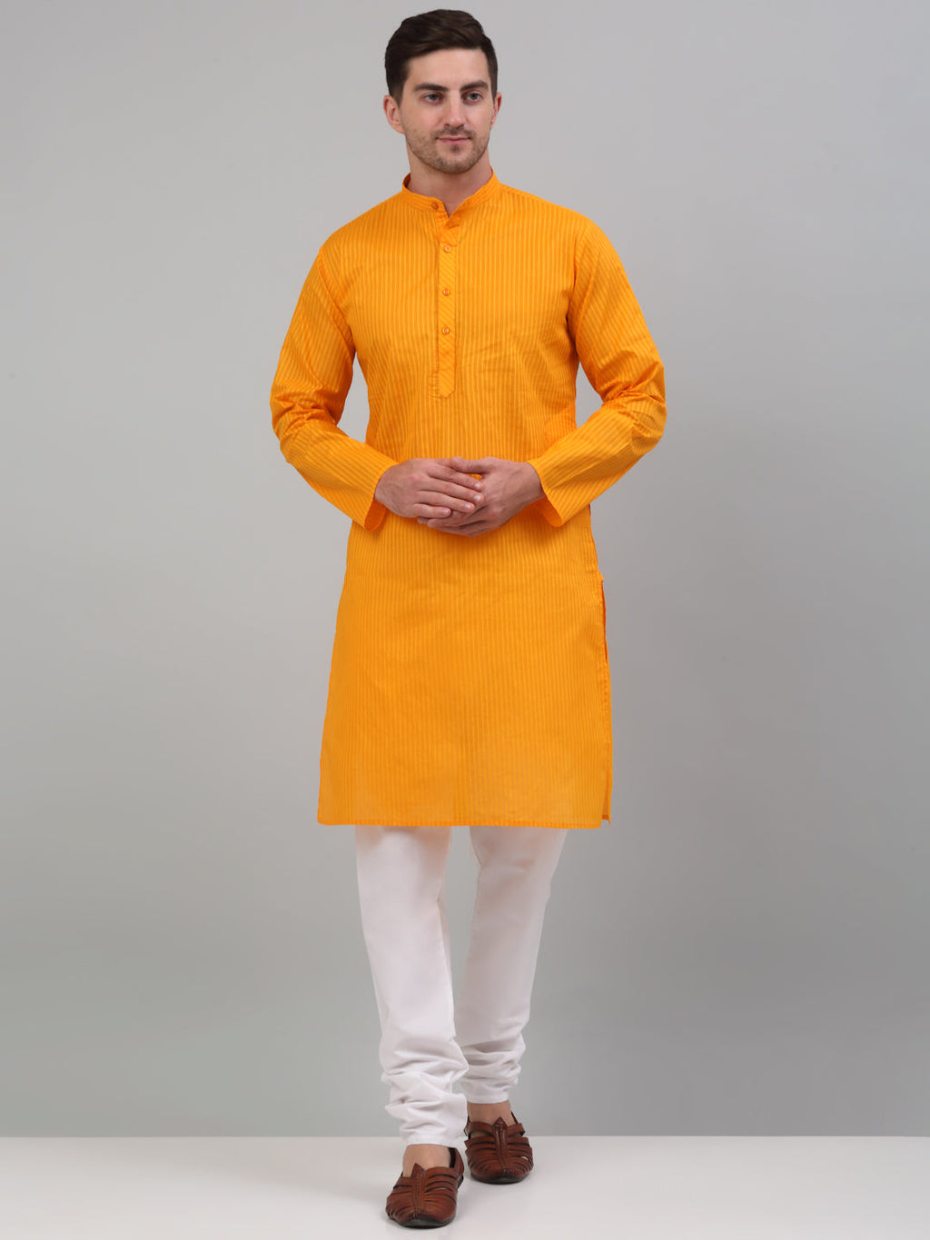 Jompers Men's Mustard Cotton Striped Kurta Payjama Sets