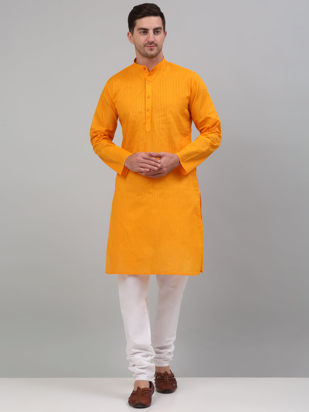 Jompers Men's Mustard Cotton Striped Kurta Payjama Sets