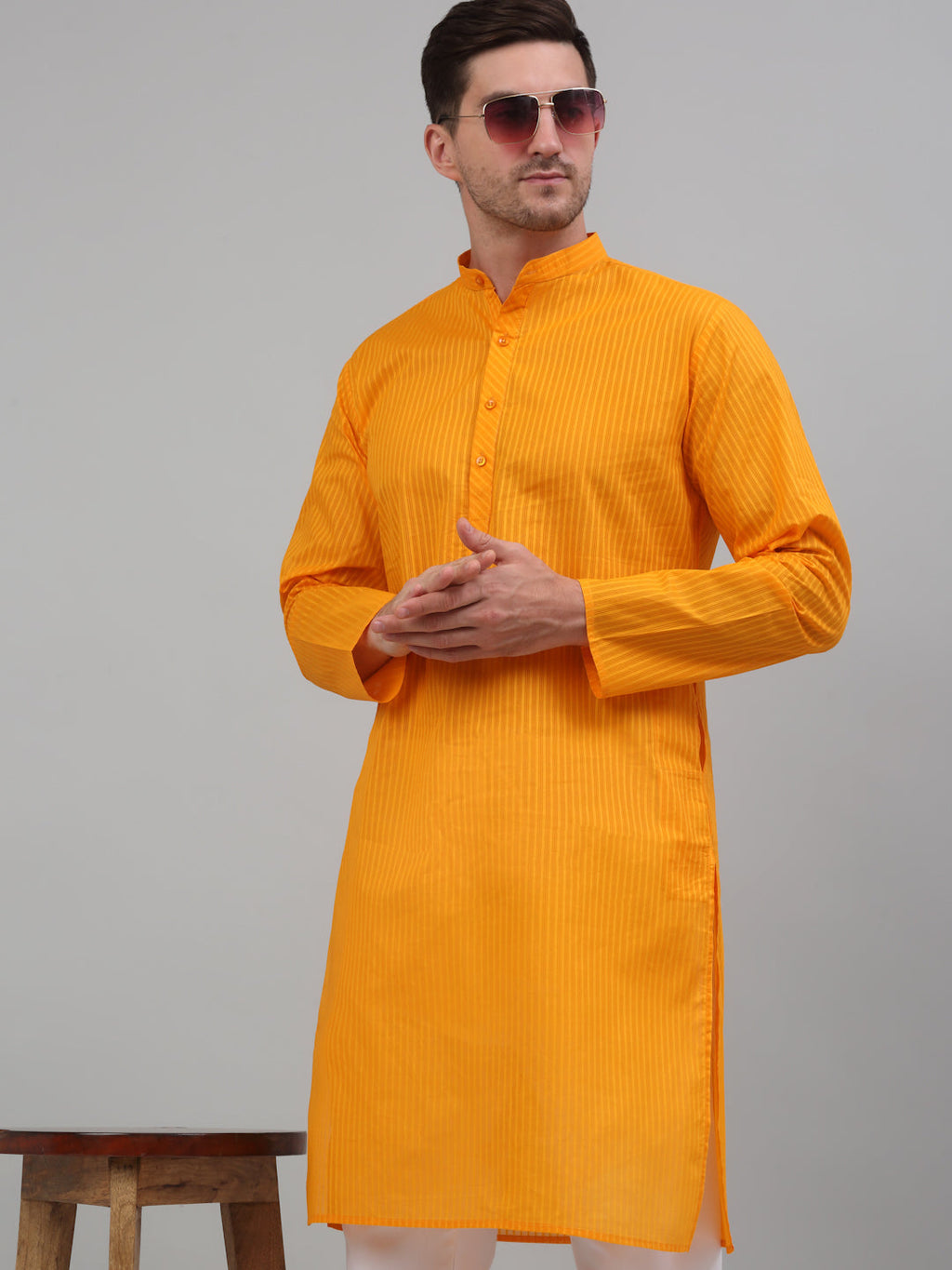 Jompers Men's Mustard Cotton Striped Kurta Payjama Sets