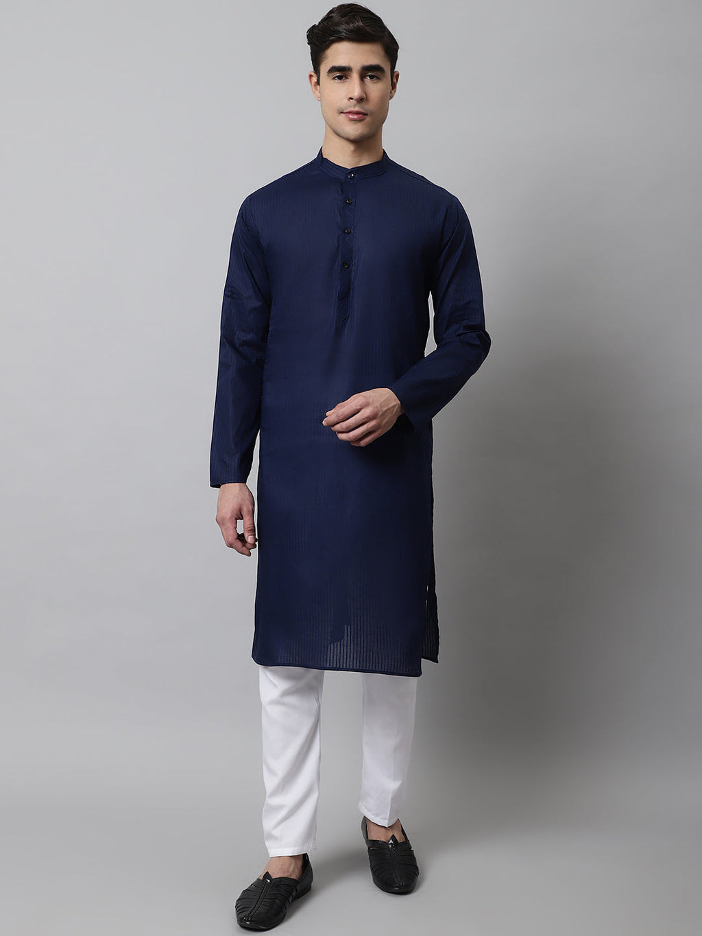 Jompers Men's Navy Blue Cotton Striped Kurta Payjama Sets