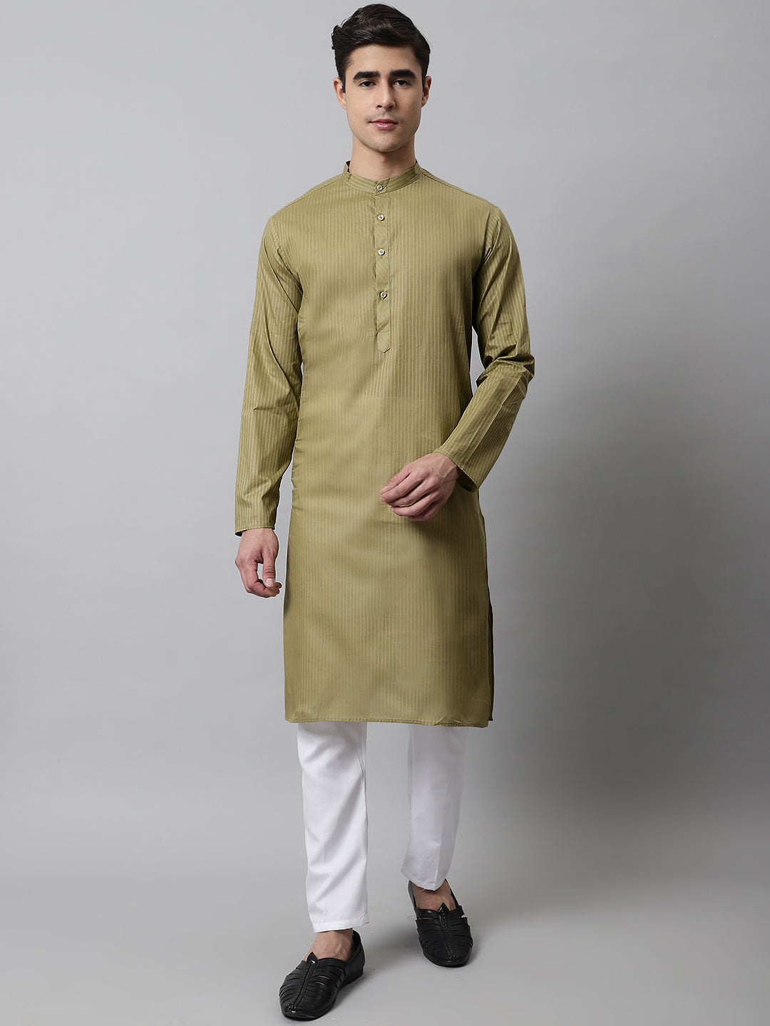 Jompers Men's Olive Green Cotton Striped Kurta Payjama Sets