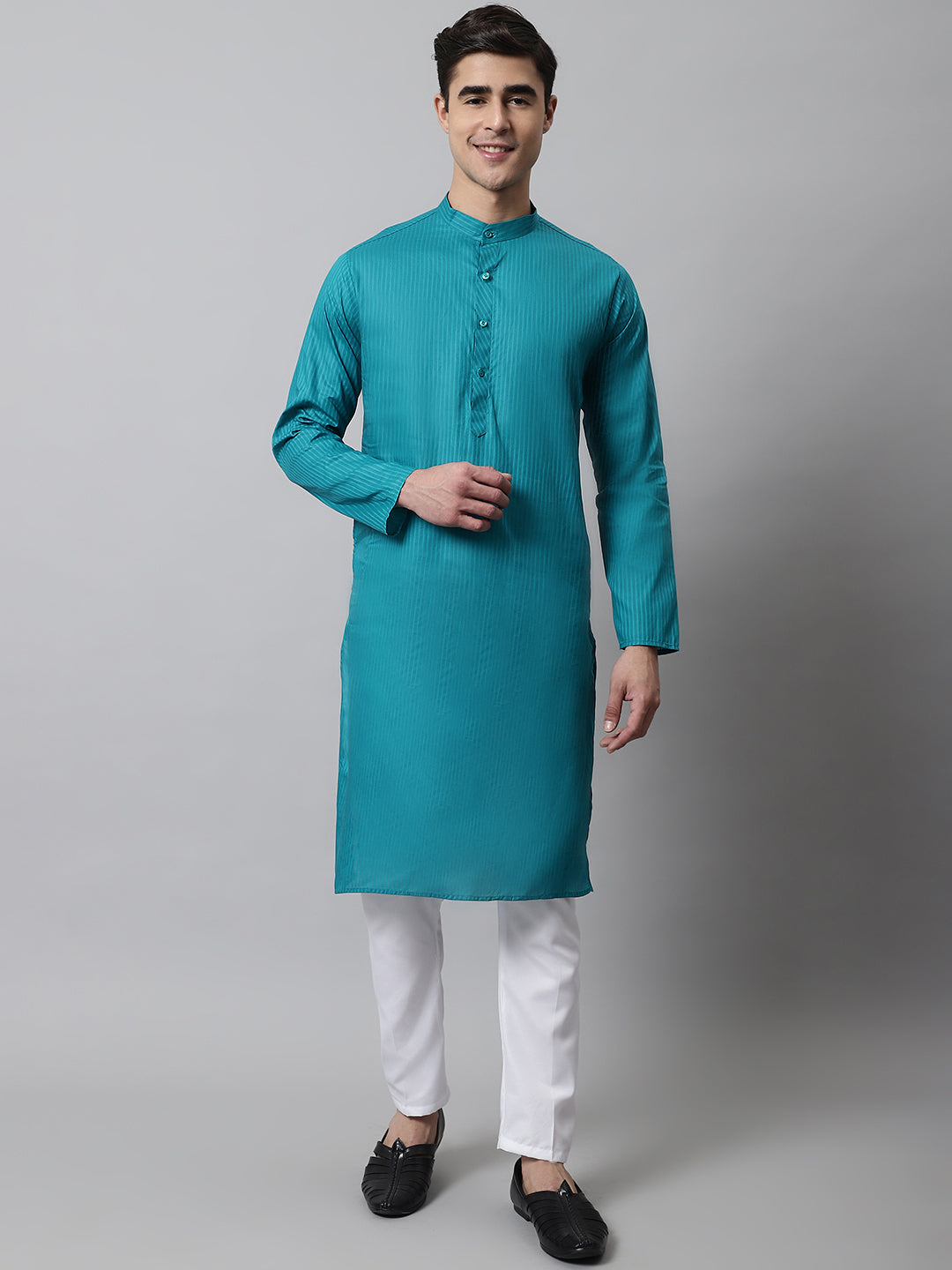 Jompers Men's Teal Blue Cotton Striped Kurta Payjama Sets
