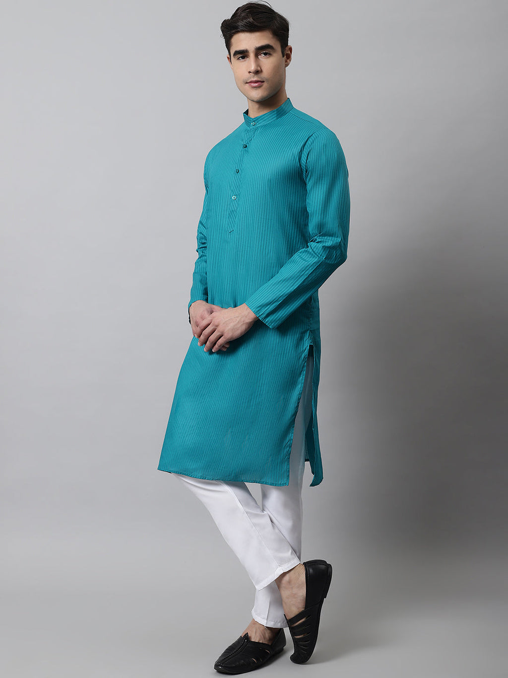 Jompers Men's Teal Blue Cotton Striped Kurta Payjama Sets