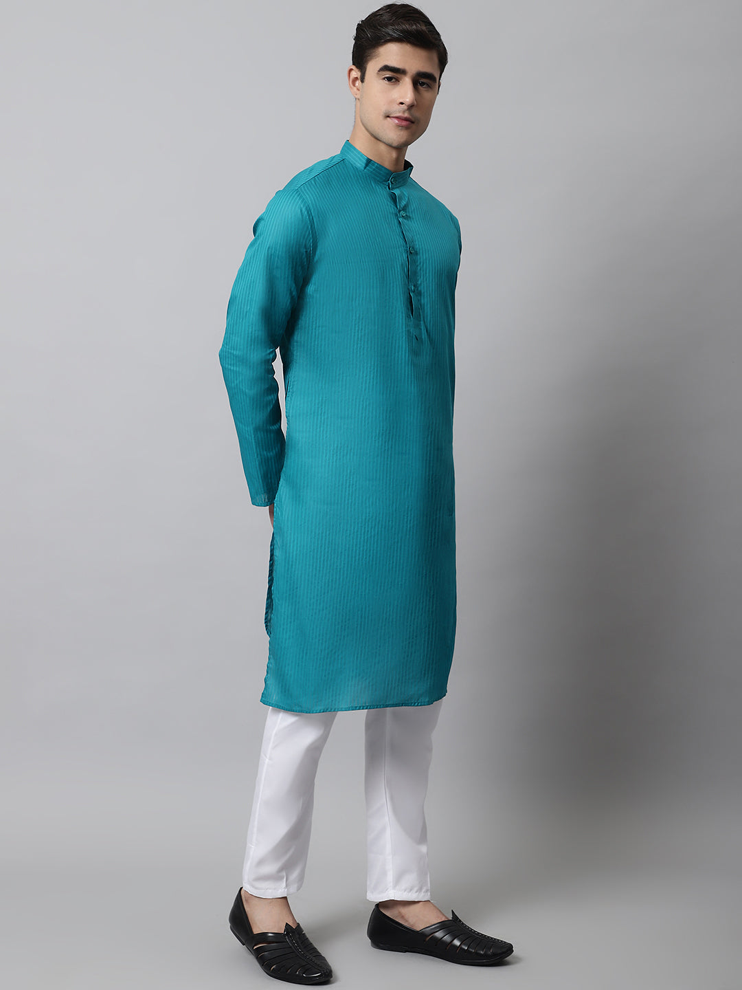 Jompers Men's Teal Blue Cotton Striped Kurta Payjama Sets