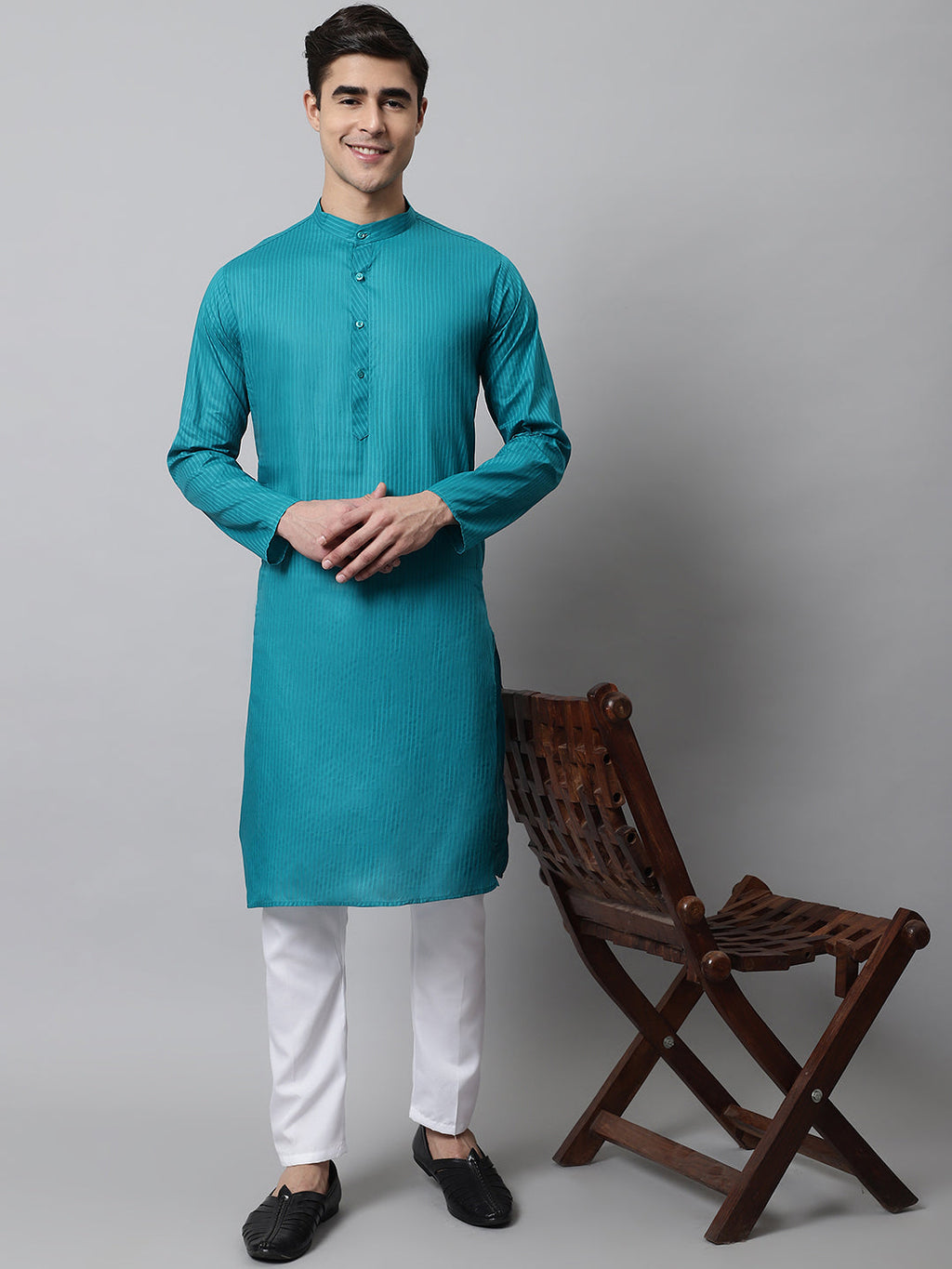 Jompers Men's Teal Blue Cotton Striped Kurta Payjama Sets