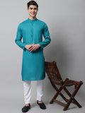 Jompers Men's Teal Blue Cotton Striped Kurta Payjama Sets