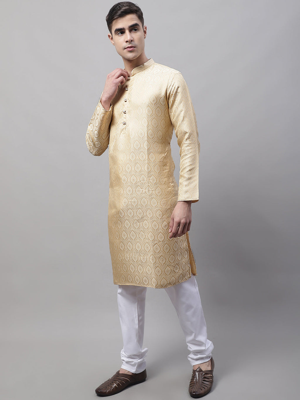 Jompers Men's Ethnic Beige Woven Design Kurta with Pyjamas