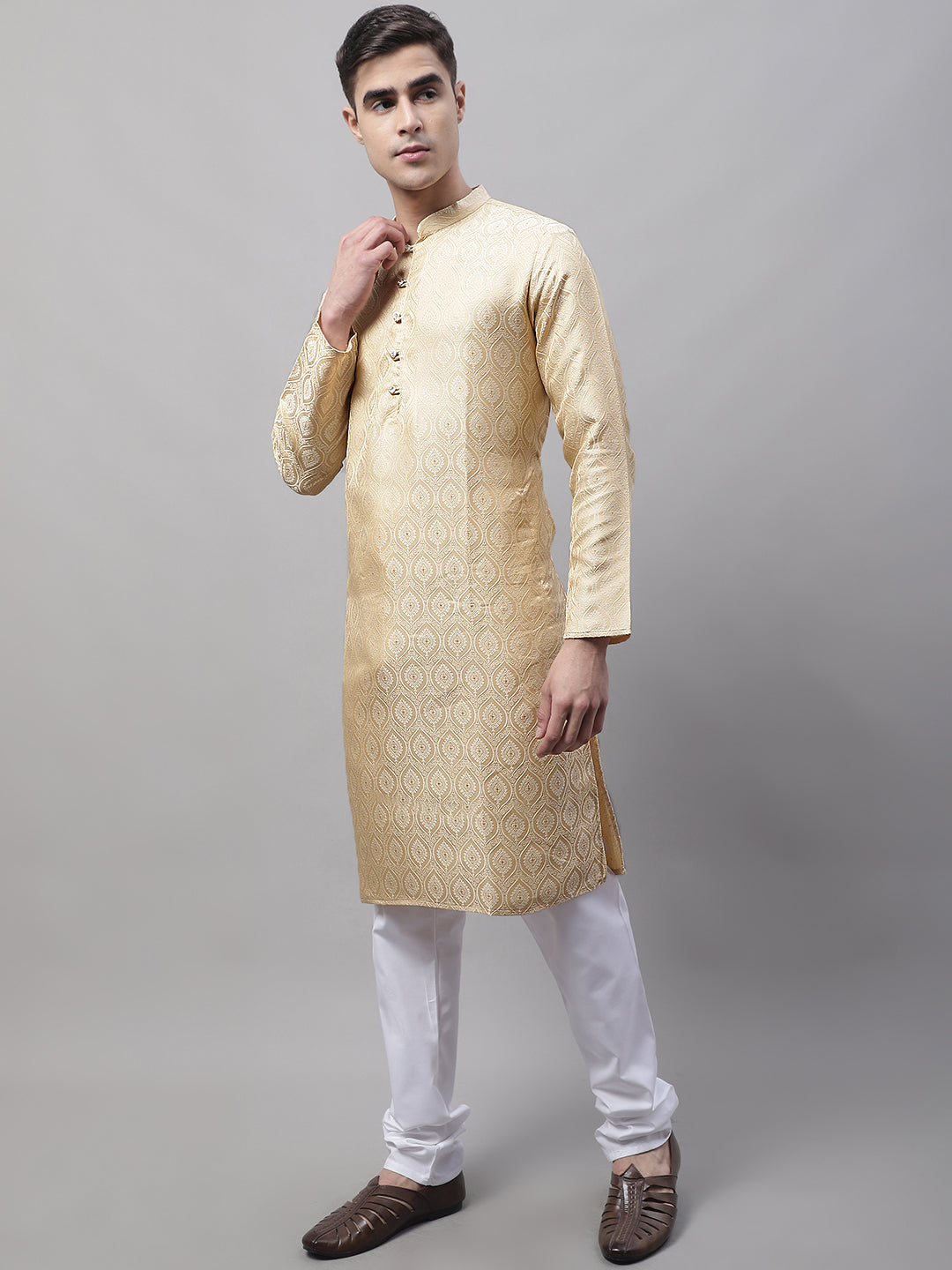 Jompers Men's Ethnic Beige Woven Design Kurta with Pyjamas