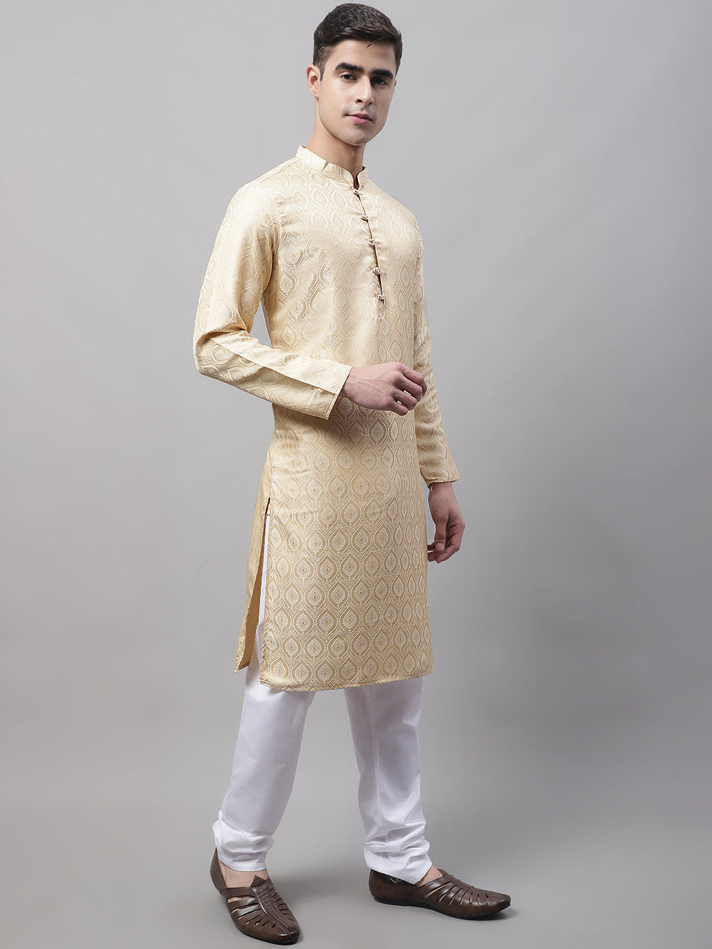 Jompers Men's Ethnic Beige Woven Design Kurta with Pyjamas