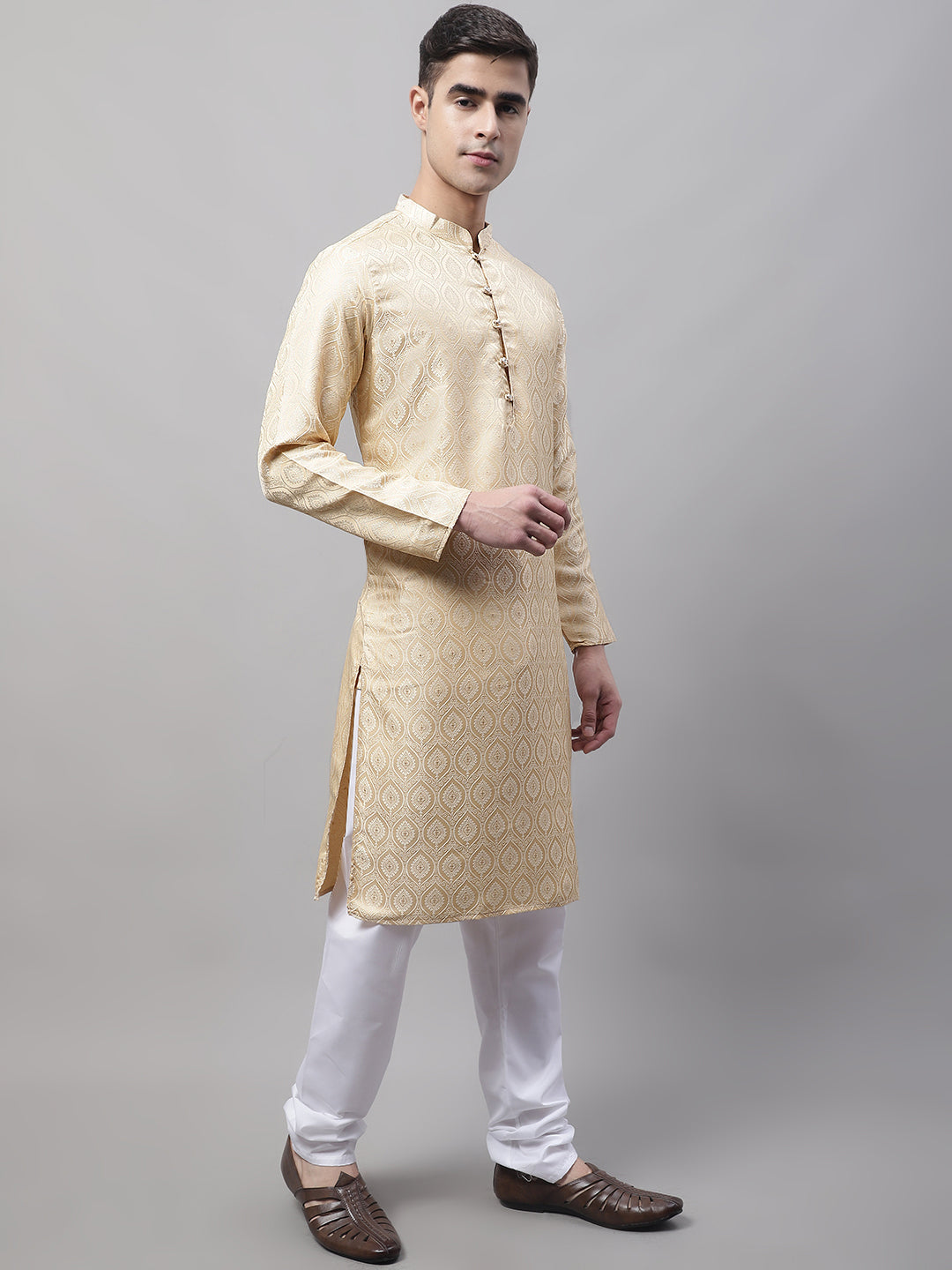 Jompers Men's Ethnic Beige Woven Design Kurta with Pyjamas