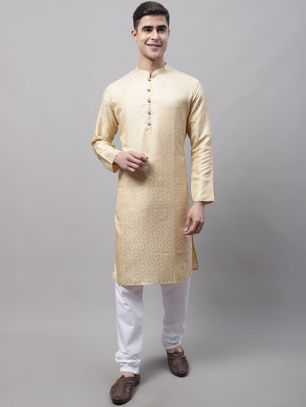 Jompers Men's Ethnic Beige Woven Design Kurta with Pyjamas