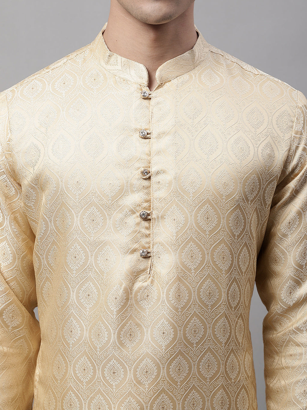 Jompers Men's Ethnic Beige Woven Design Kurta with Pyjamas