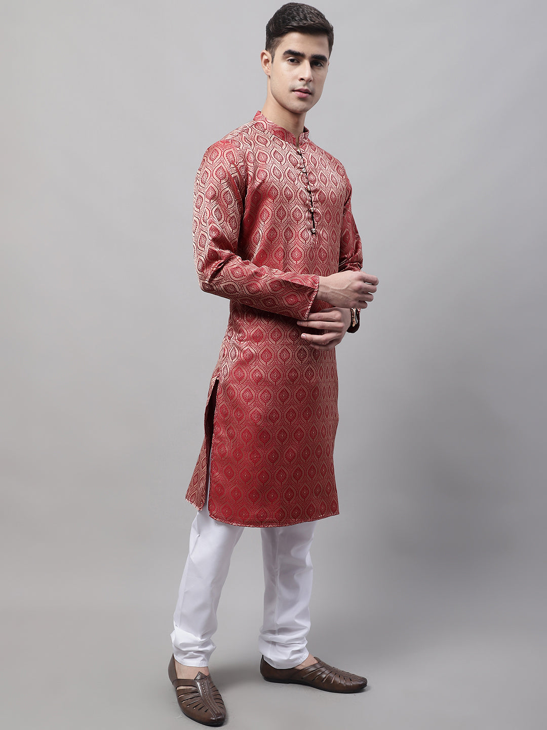 Jompers Men's Ethnic Maroon Woven Design Kurta with Pyjamas