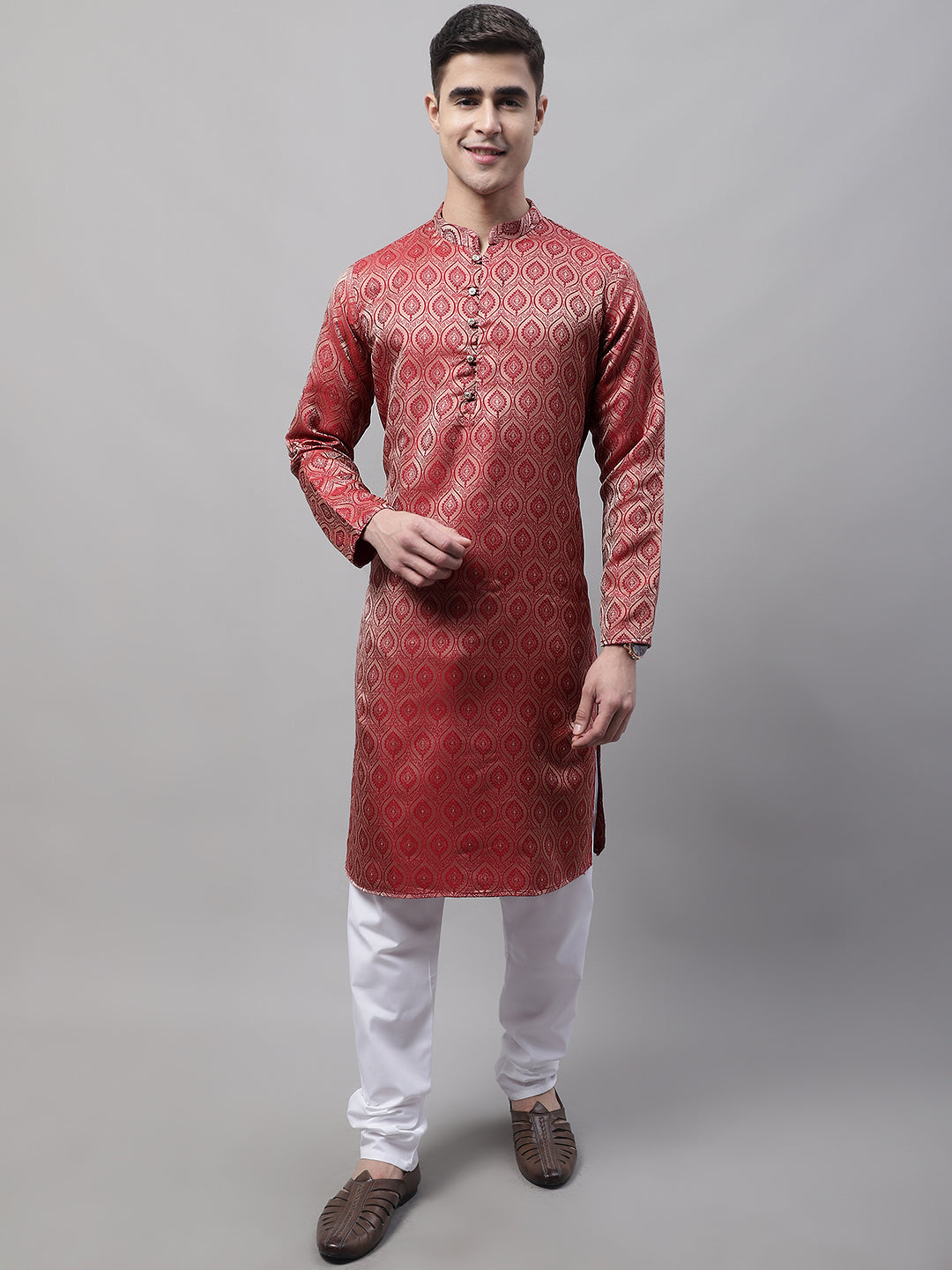 Jompers Men's Ethnic Maroon Woven Design Kurta with Pyjamas