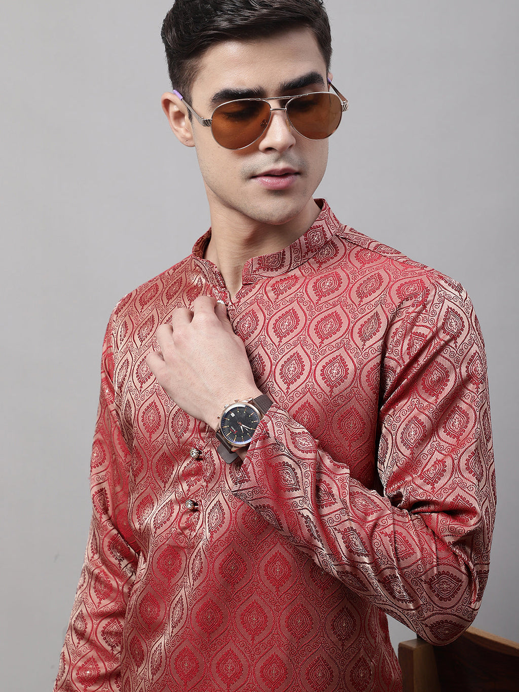 Jompers Men's Ethnic Maroon Woven Design Kurta with Pyjamas