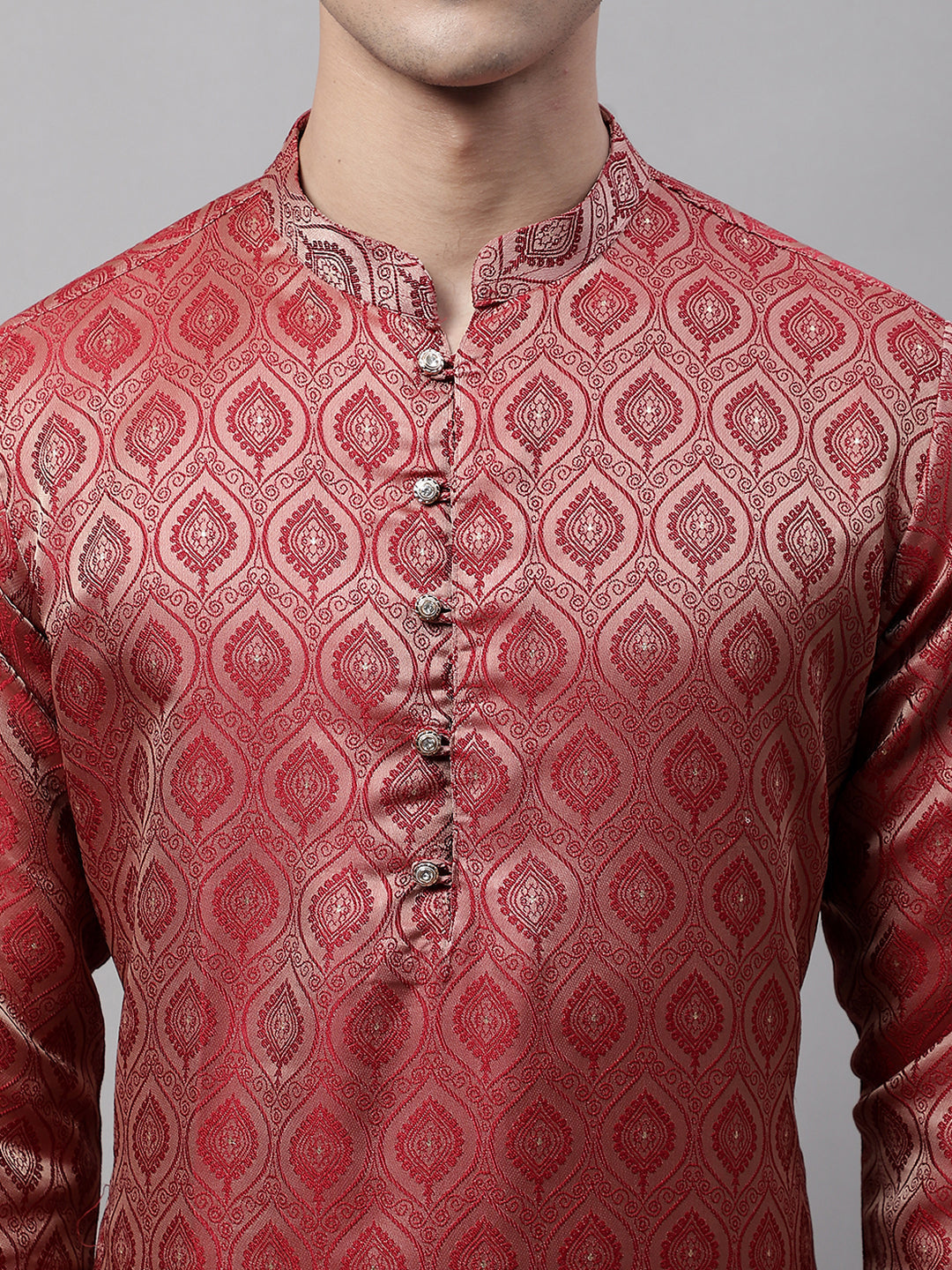 Jompers Men's Ethnic Maroon Woven Design Kurta with Pyjamas