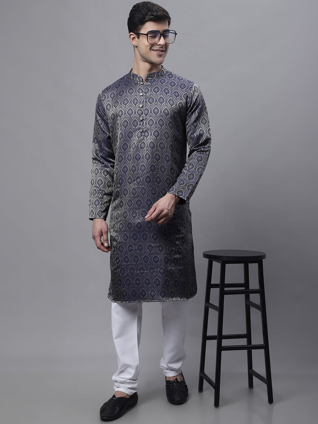 Jompers Men's Ethnic Navy Blue Woven Design Kurta with Pyjamas