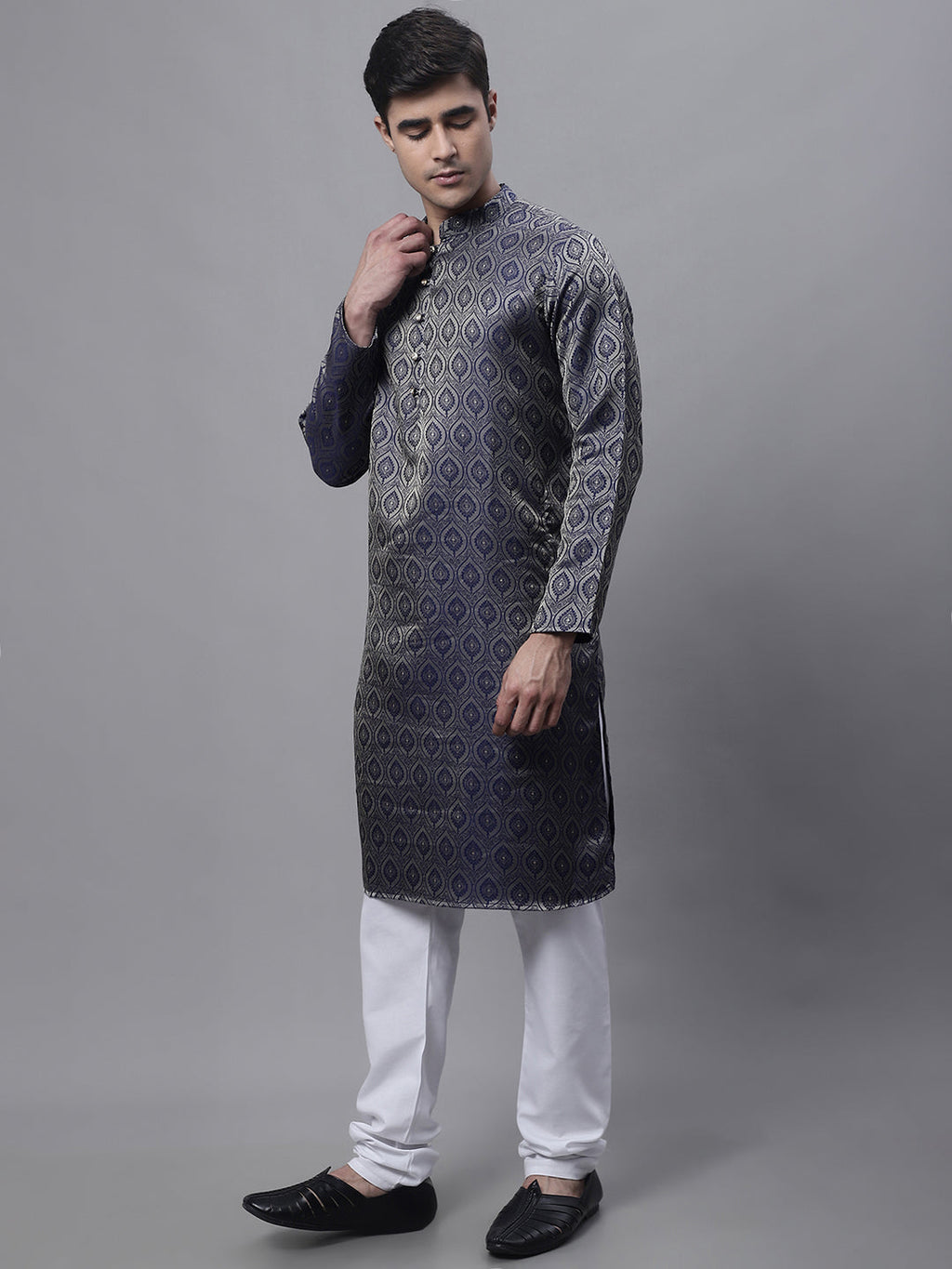 Jompers Men's Ethnic Navy Blue Woven Design Kurta with Pyjamas