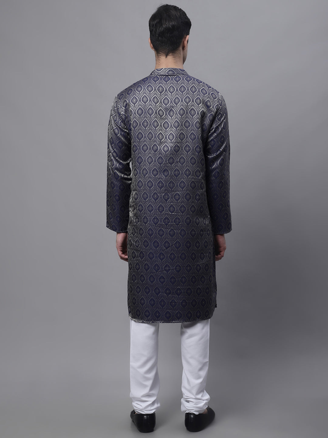 Jompers Men's Ethnic Navy Blue Woven Design Kurta with Pyjamas
