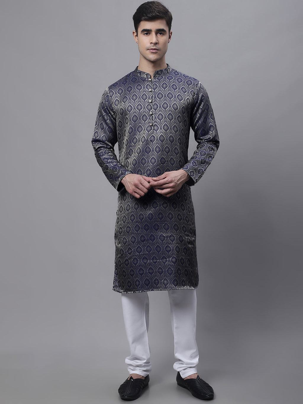 Jompers Men's Ethnic Navy Blue Woven Design Kurta with Pyjamas