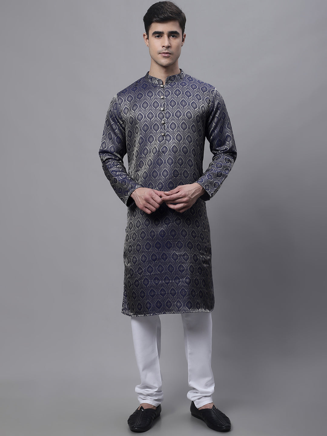 Jompers Men's Ethnic Navy Blue Woven Design Kurta with Pyjamas