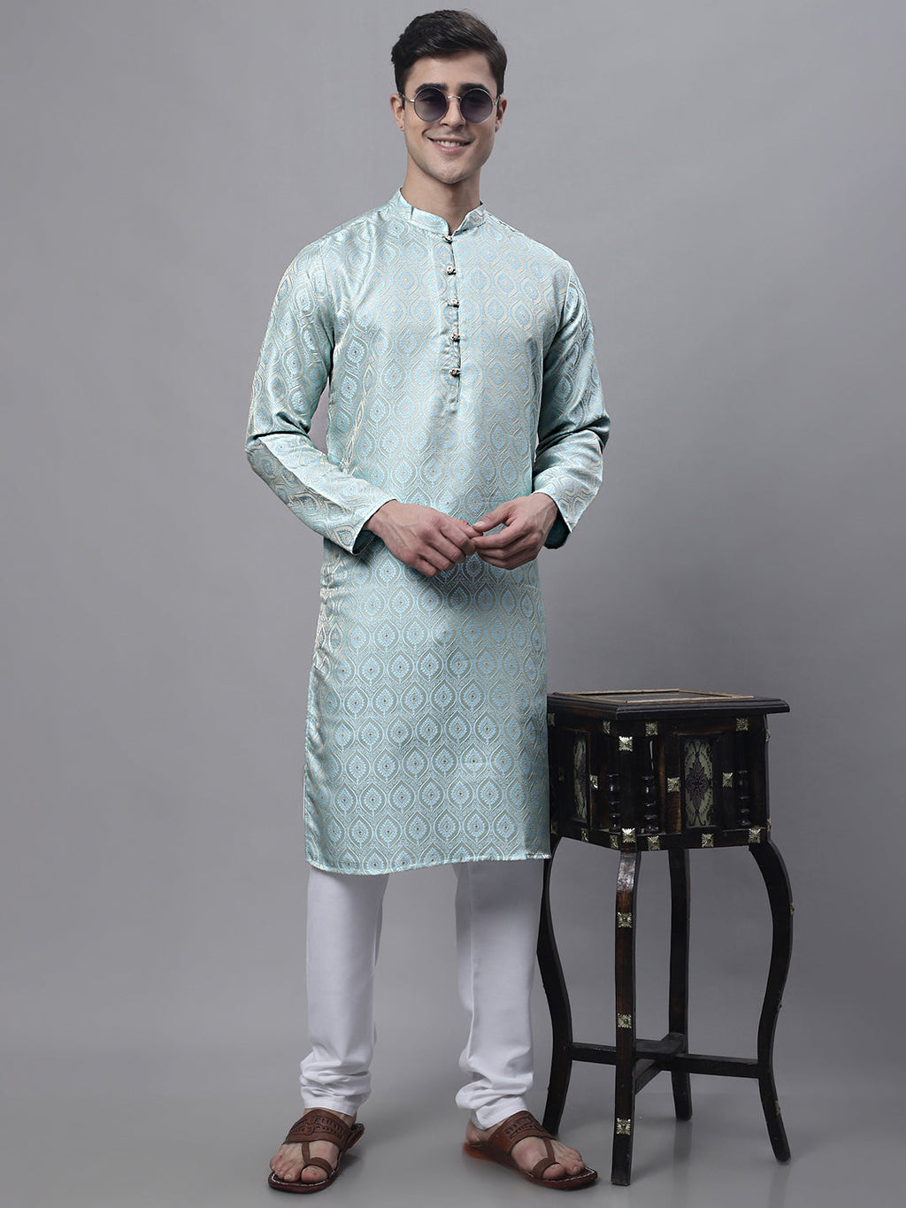 Jompers Men's Ethnic Sky Blue Woven Design Kurta with Pyjamas