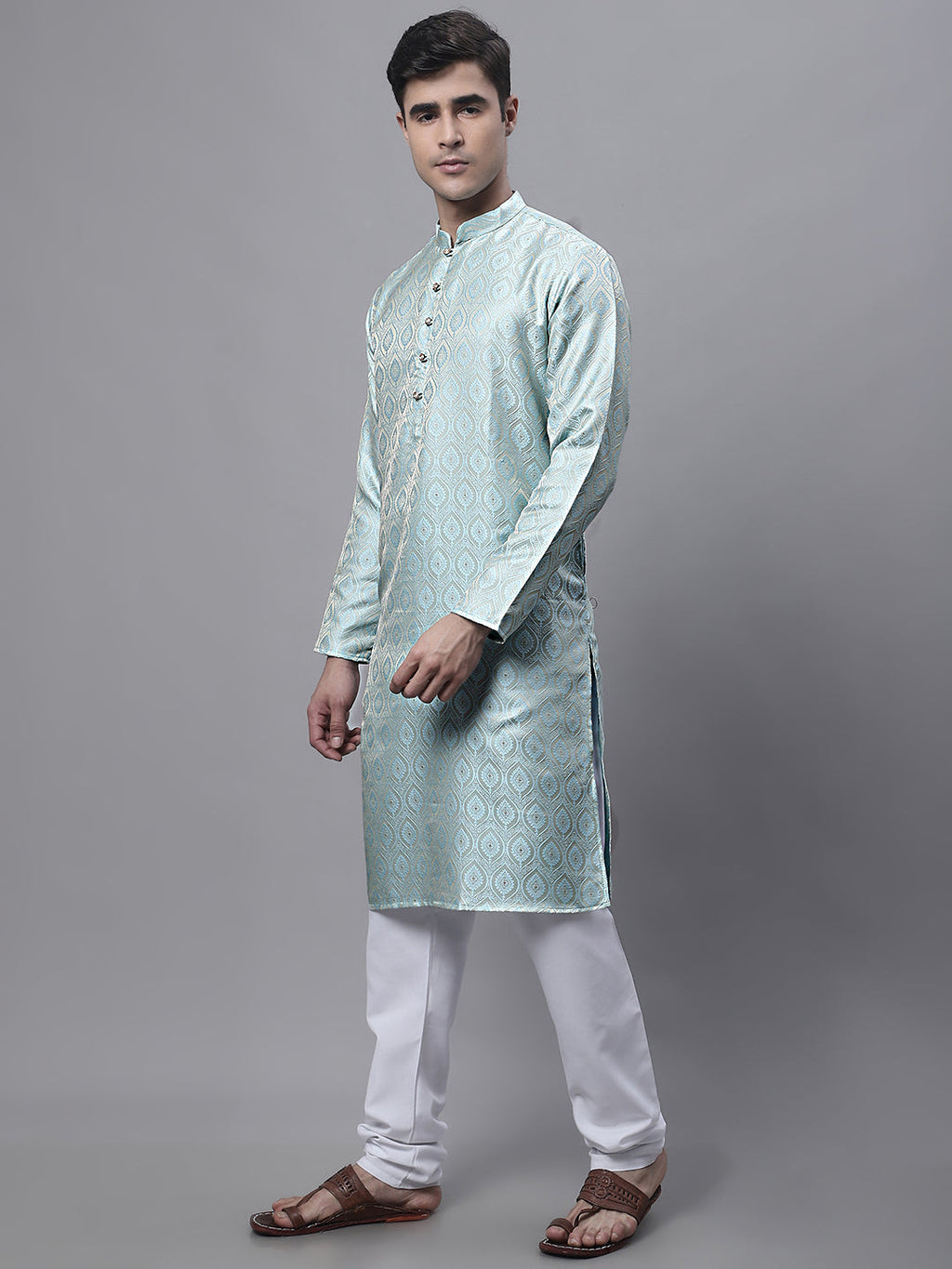 Jompers Men's Ethnic Sky Blue Woven Design Kurta with Pyjamas