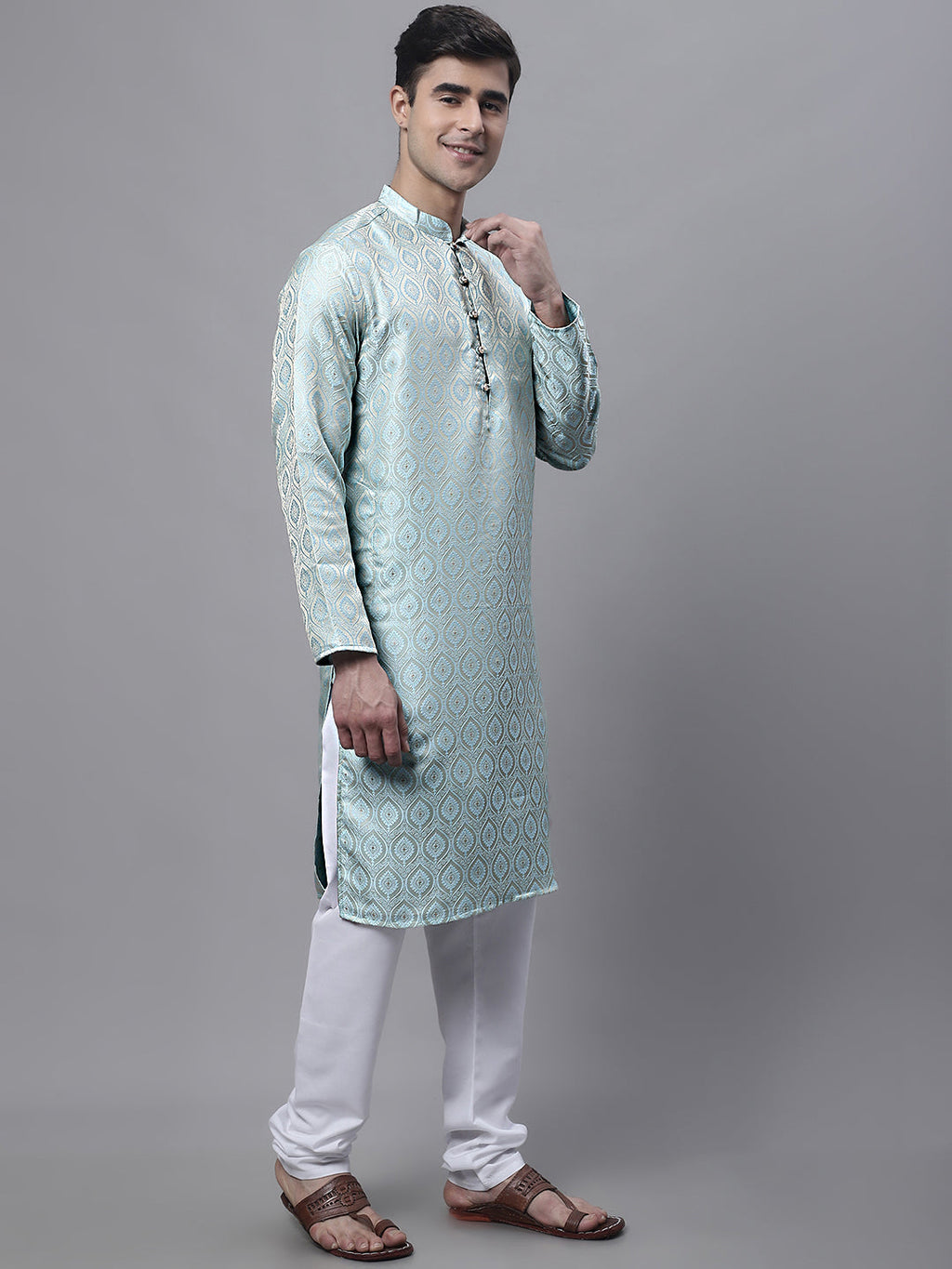 Jompers Men's Ethnic Sky Blue Woven Design Kurta with Pyjamas